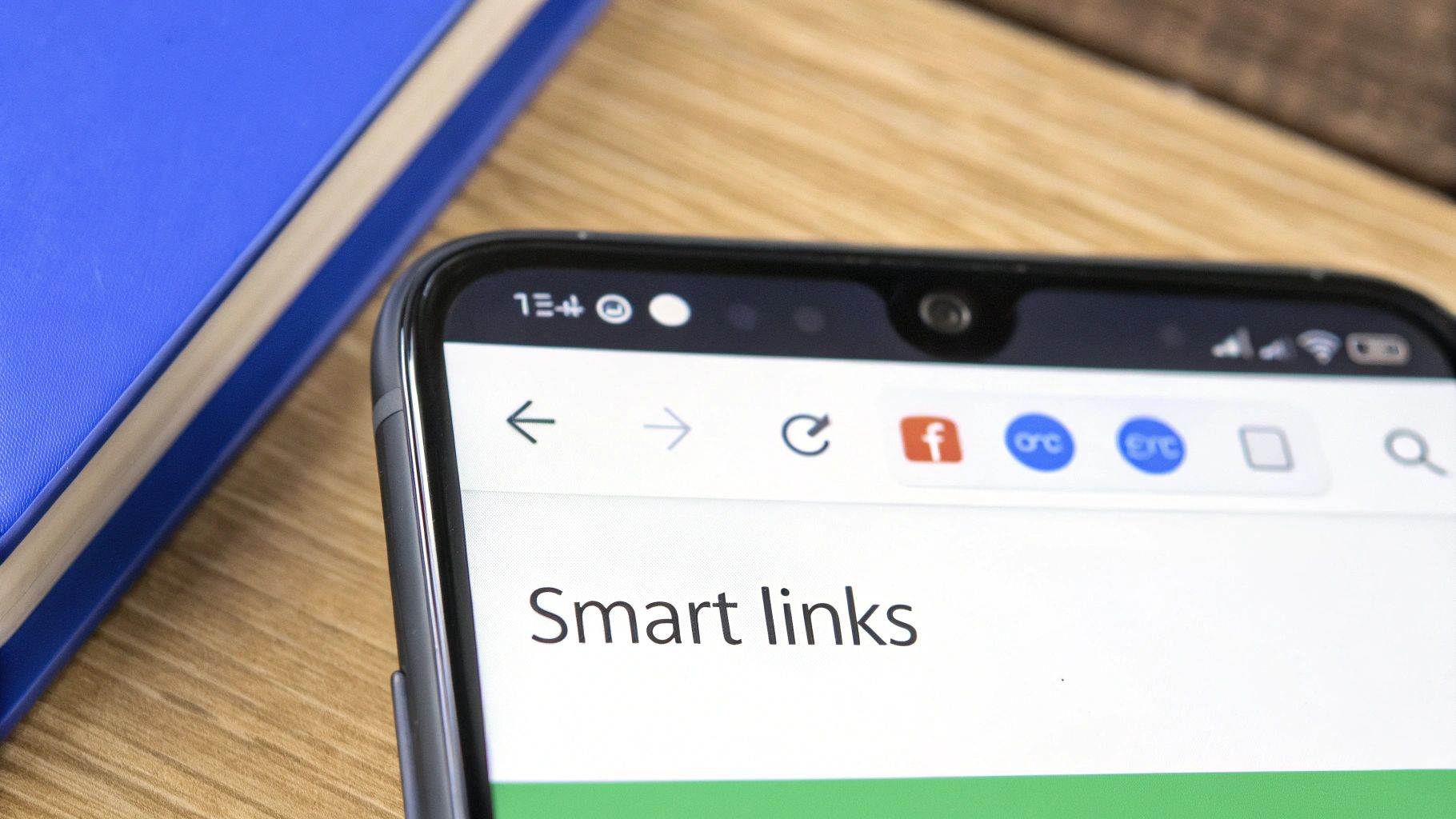 A close-up of a smartphone screen displaying 'Smart links' text in a browser.
