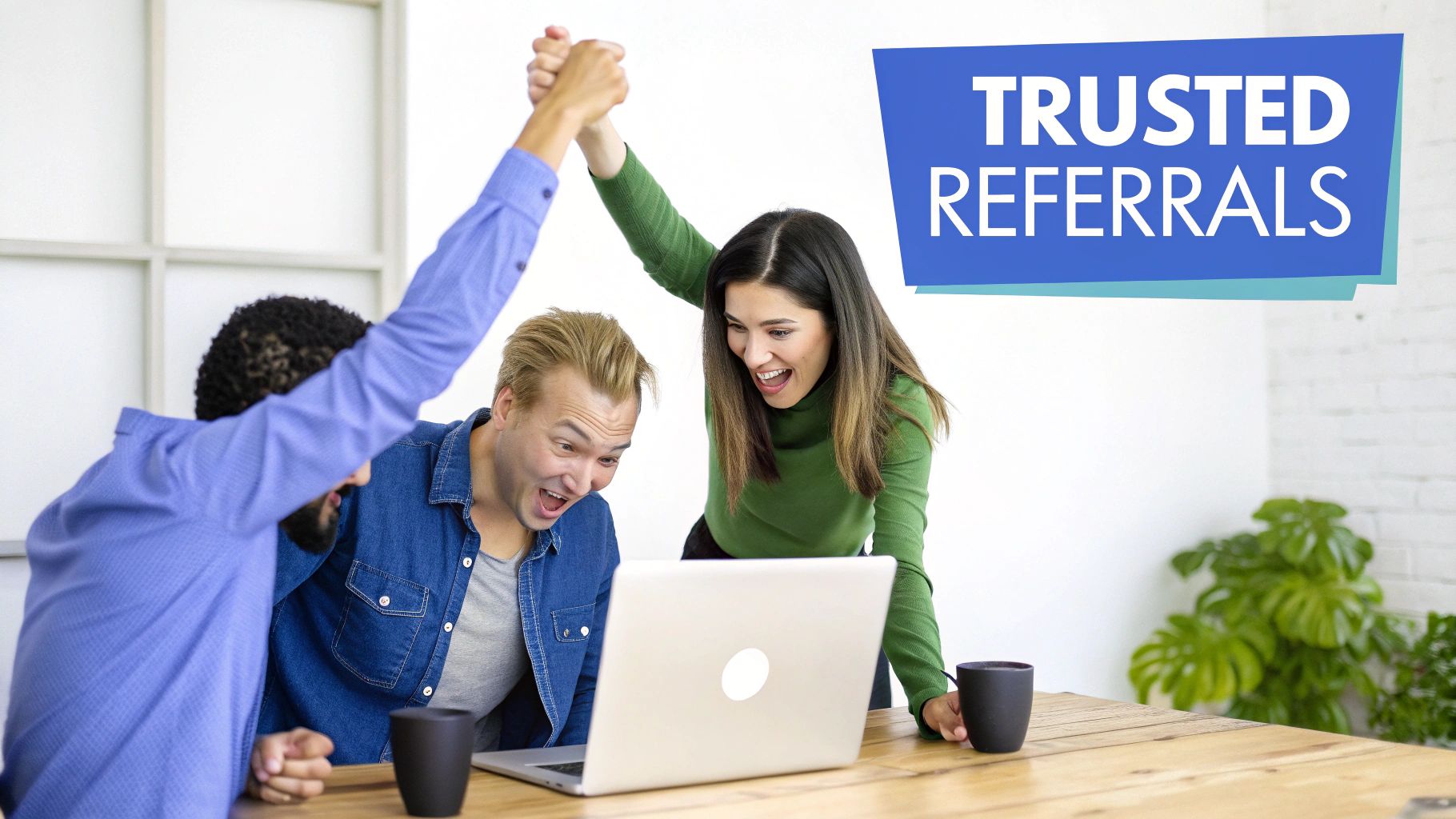 Jubilant diverse team looking at a laptop, a banner says 