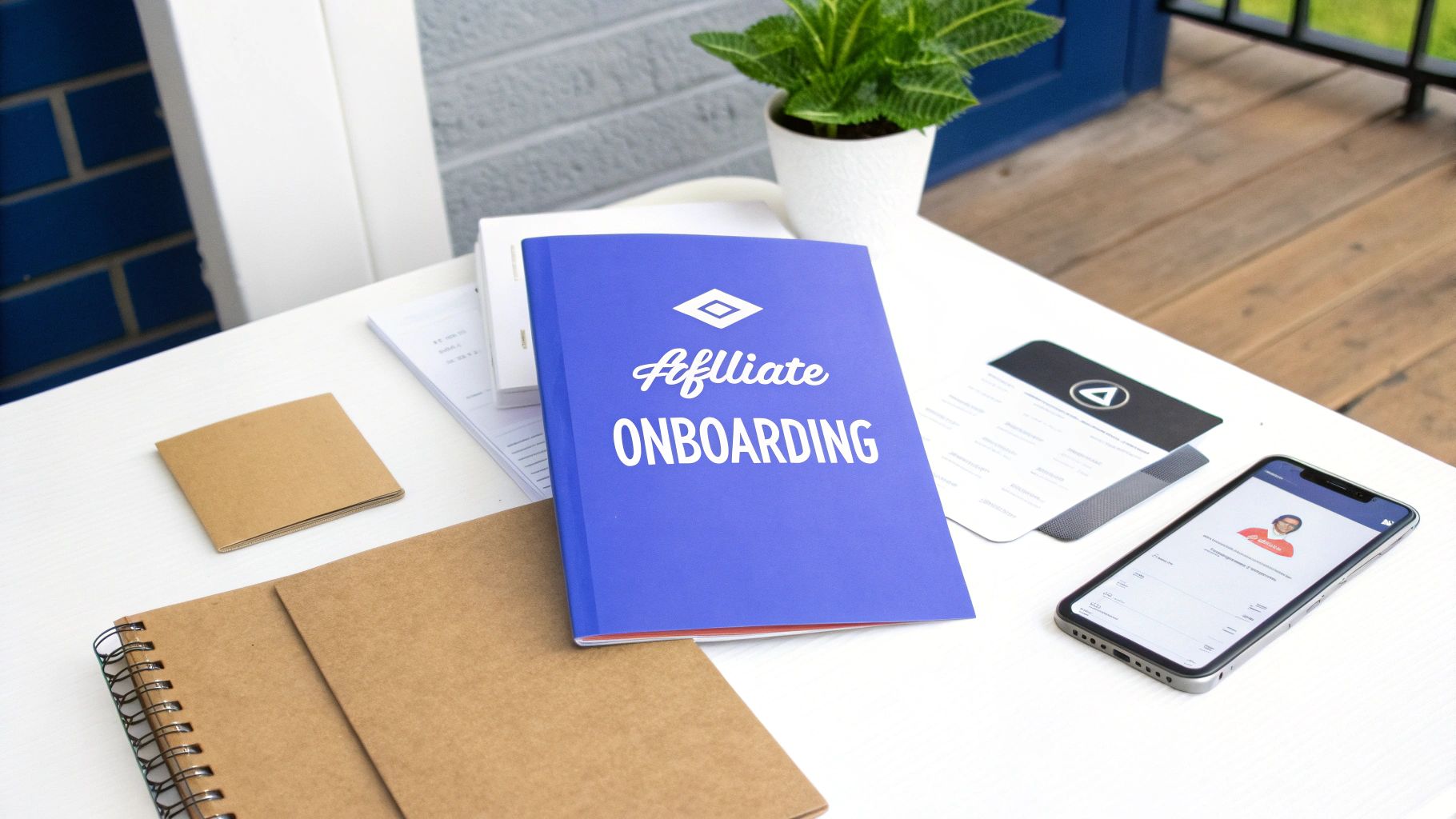 A blue notebook with 'Affiliate ONBOARDING' text, a phone, and office supplies on a white desk.
