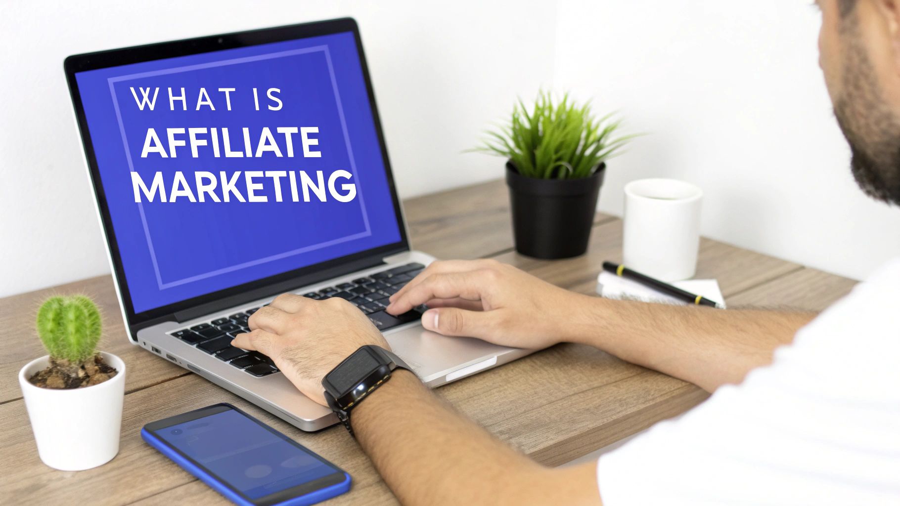 A person works on a laptop displaying 'WHAT IS AFFILIATE MARKETING', with a phone, cactus, and plant on a desk.