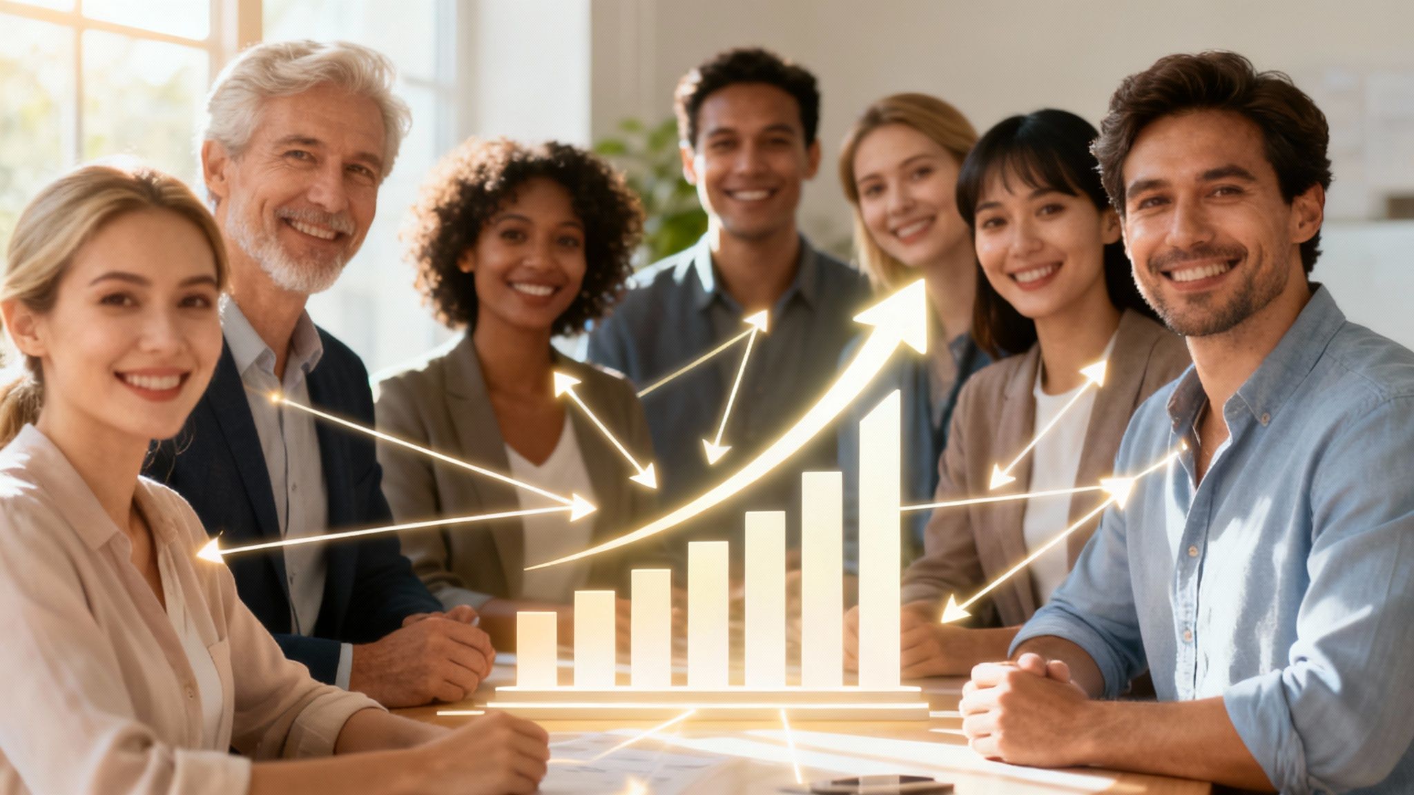 A group of diverse professionals collaborating on a strategic marketing plan, symbolizing teamwork and growth.
