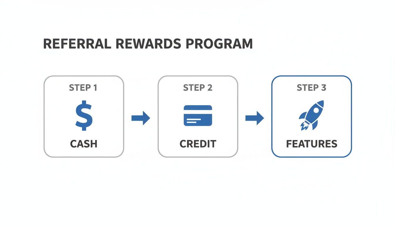 A diagram outlining a referral rewards program with three steps: cash, credit, and features.