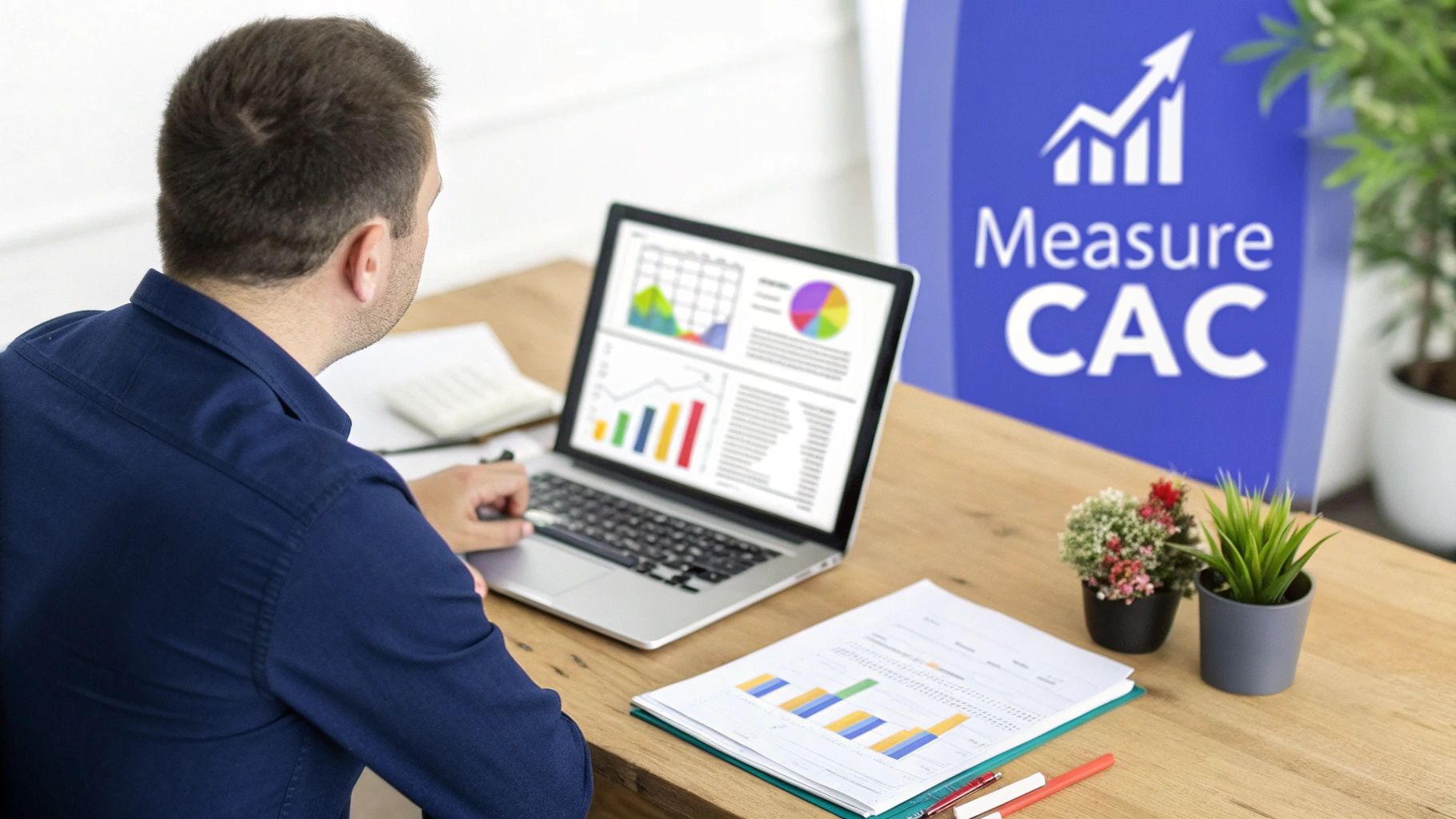 Over-the-shoulder view of a man working on a laptop displaying charts and graphs, with a 