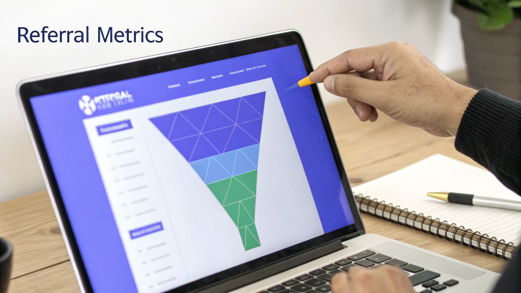 A person's hand points at a laptop displaying 'Referral Metrics' and a sales funnel.