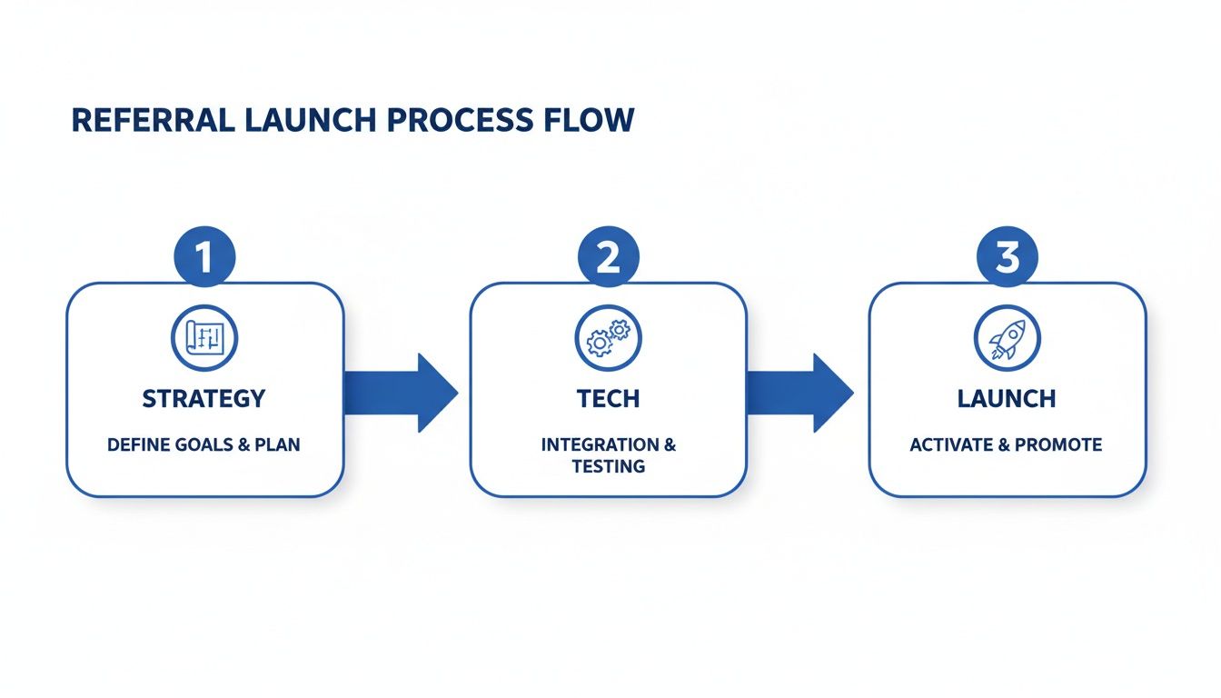 A three-step process flow for launching a referral program: strategy, tech, and launch phases.