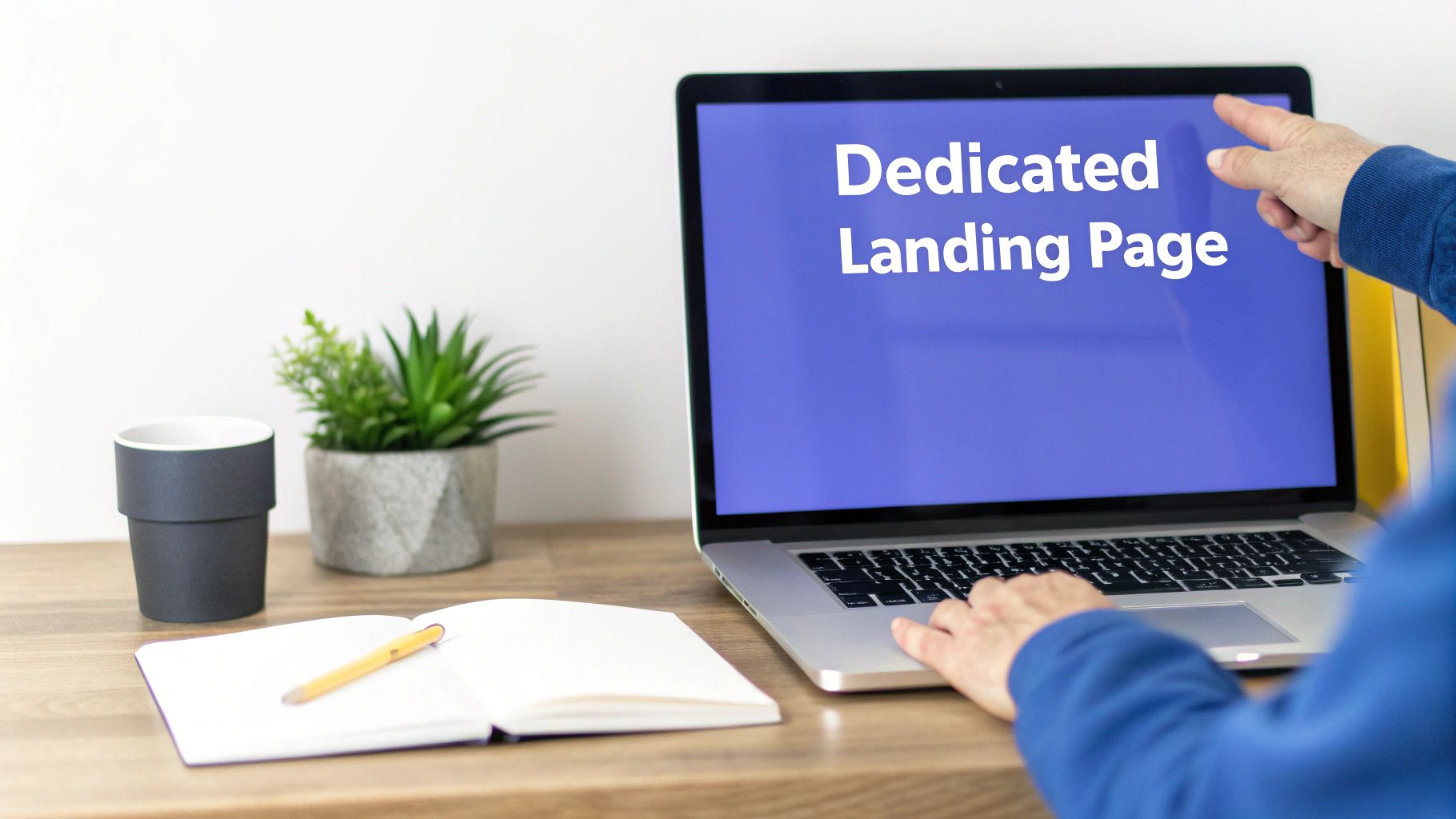A person pointing at a laptop screen displaying 'Dedicated Landing Page', with a notebook and plant on the desk.