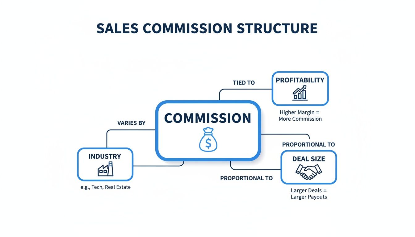 A mind map illustrating sales commission structure, showing factors like industry, profitability, and deal size.