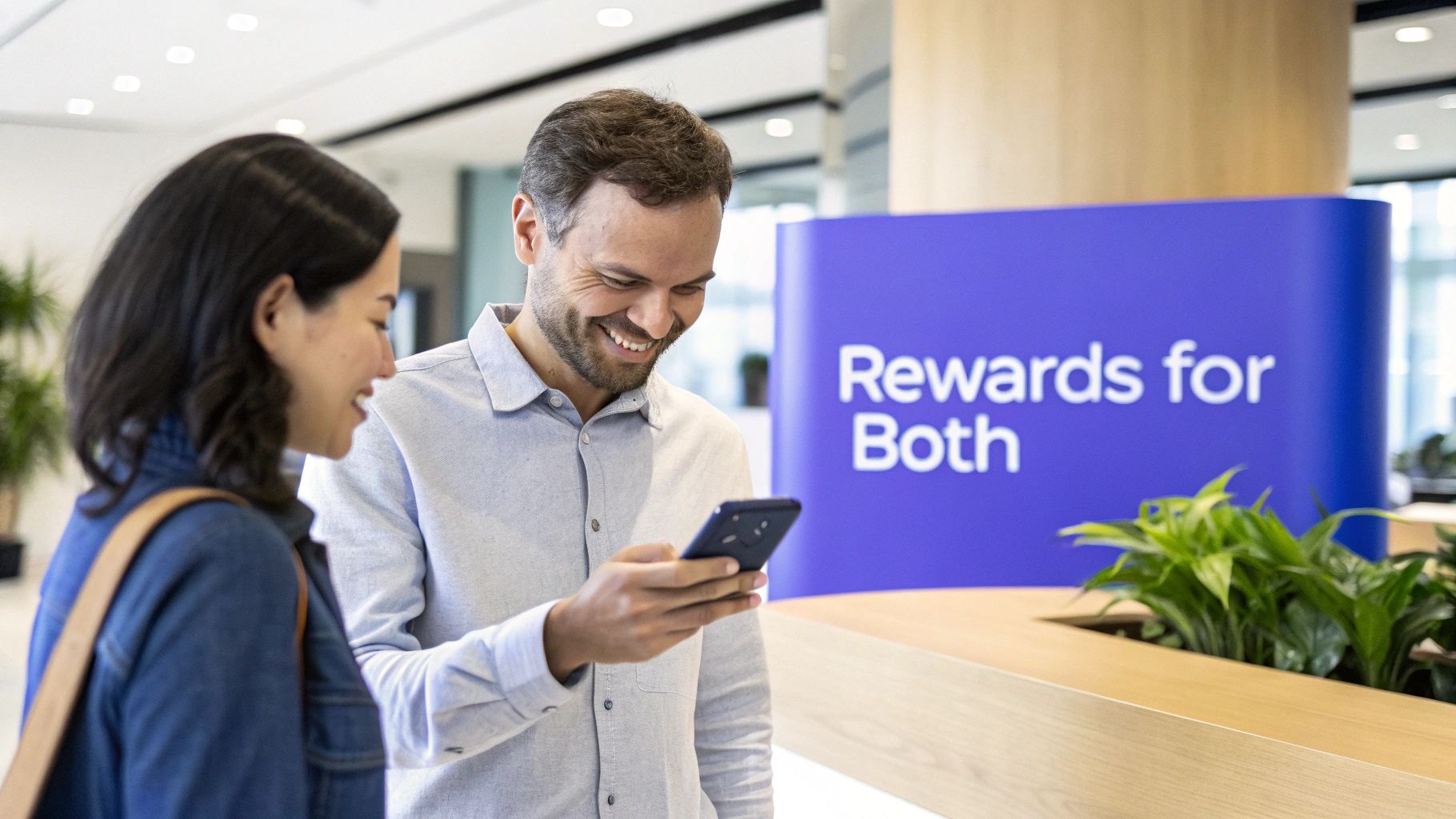 A man and a woman smiling and looking at a smartphone, with a 'Rewards for Both' sign in the background.
