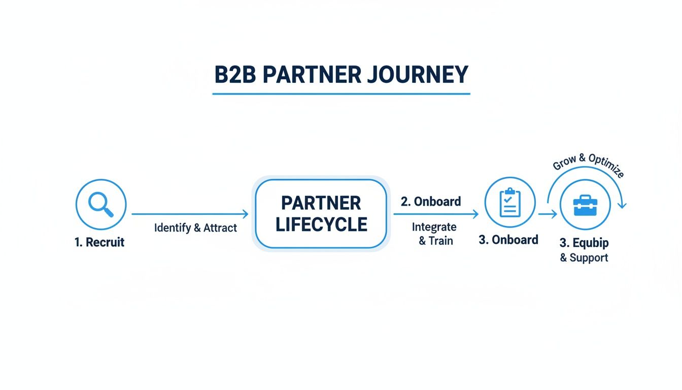 A flowchart illustrating the B2B Partner Journey, from recruitment to equipping and supporting partners.