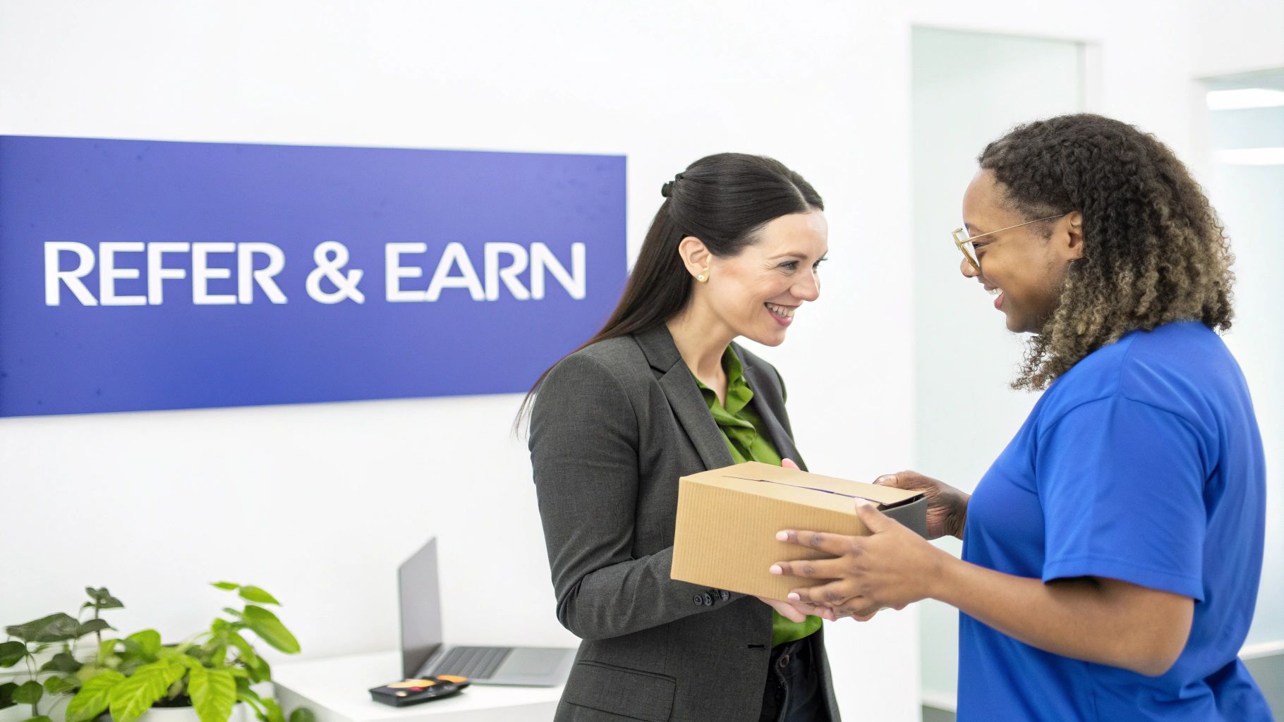 Two smiling women exchange a package in an office, with a 