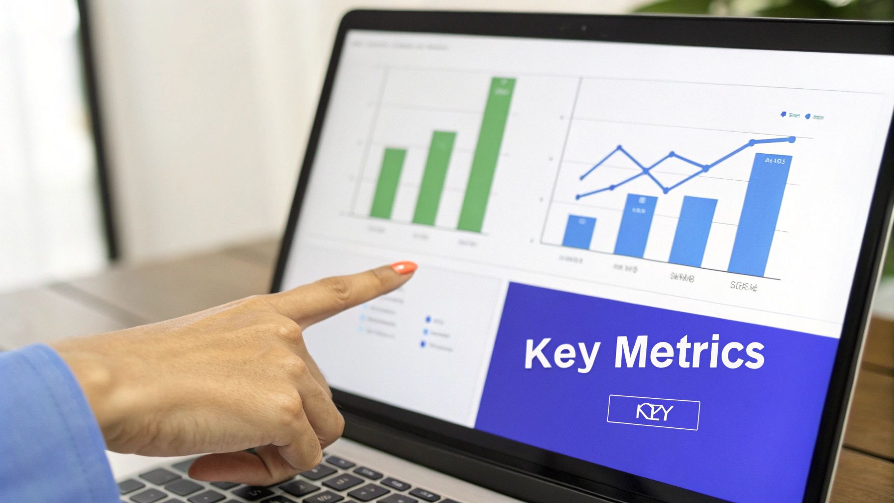 Hand pointing at a laptop screen displaying business metrics, line graphs, and bar charts.
