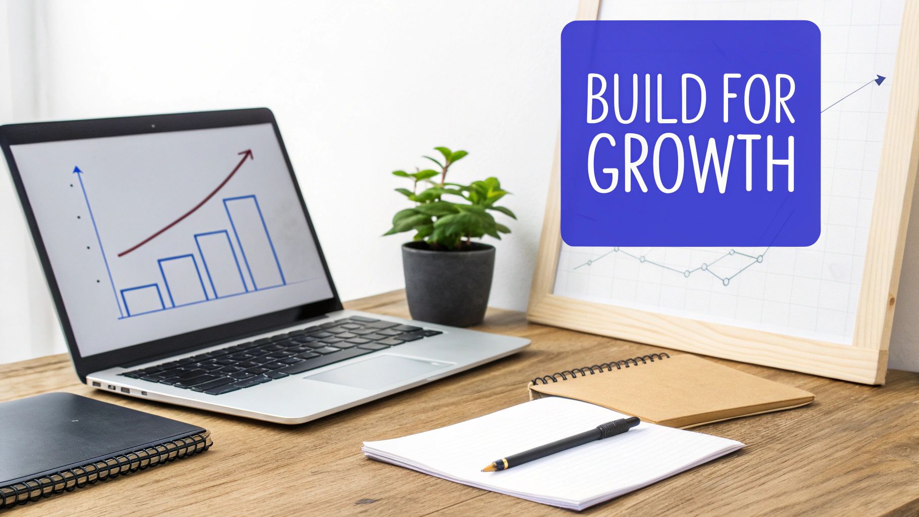 Laptop displaying growth charts on desk with Build for Growth motivational sign and notebooks