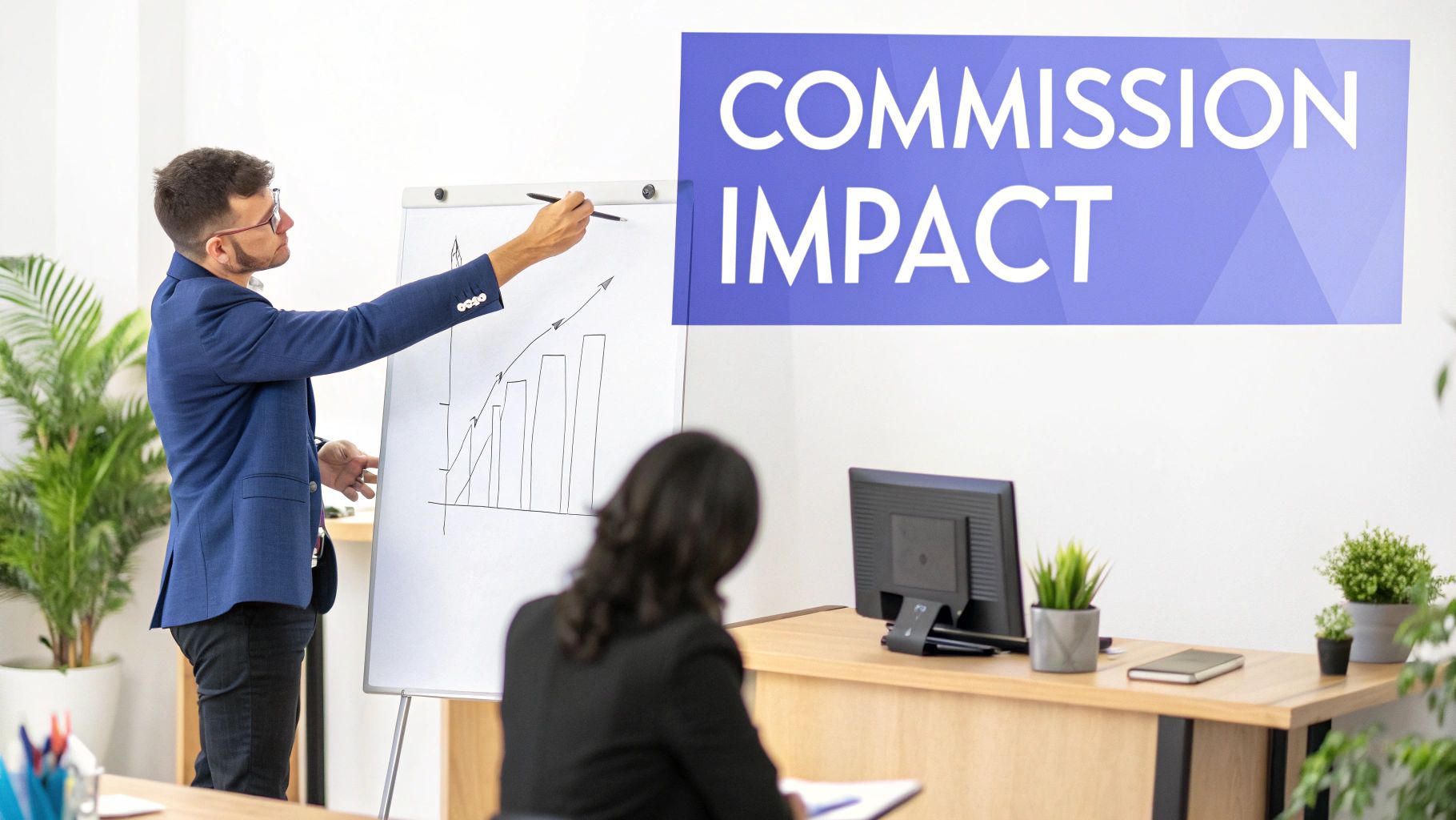 Man presenting a sales growth chart labeled 'COMMISSION IMPACT' to an attentive colleague in an office.