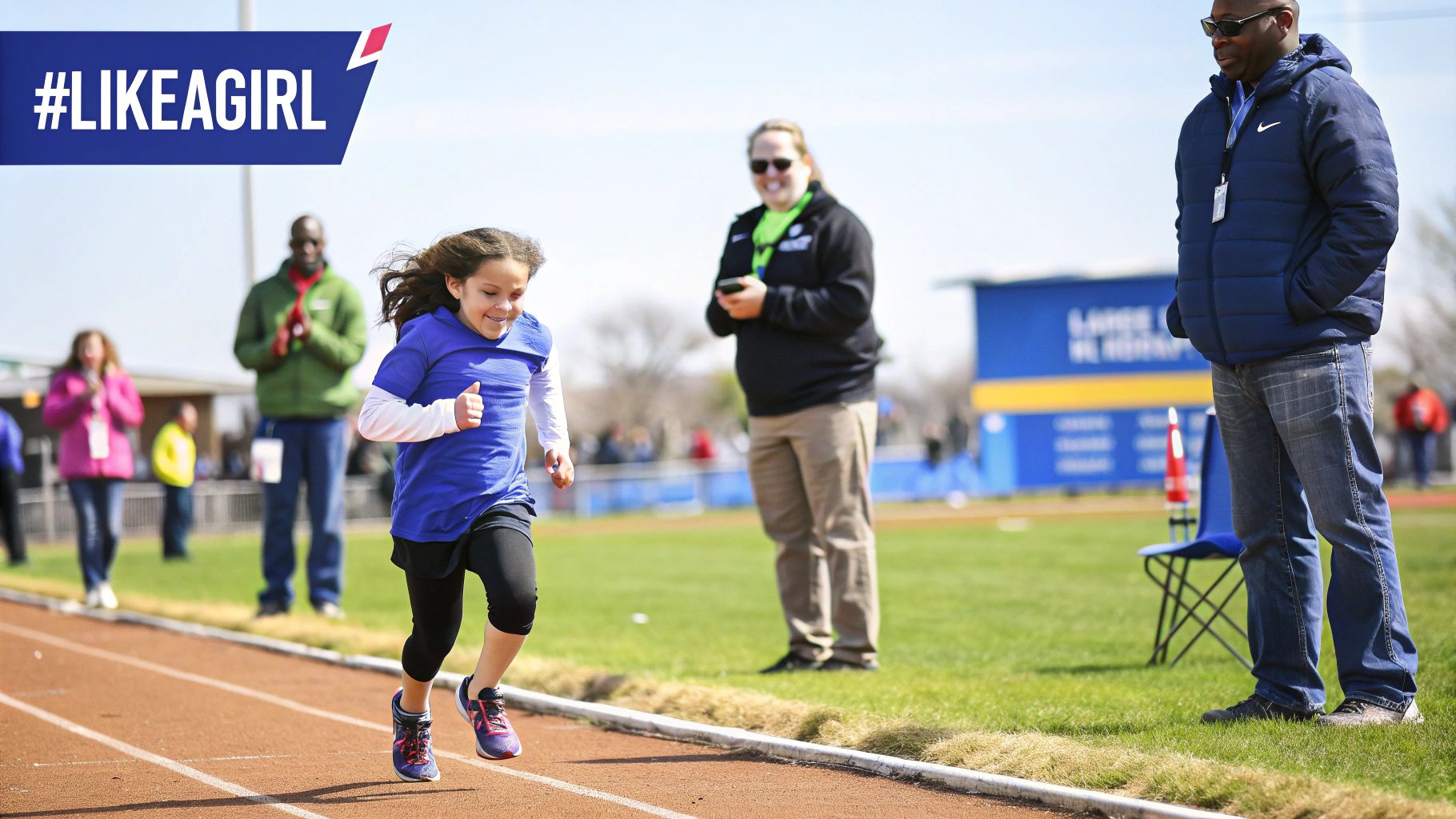 A scene from the Always '#LikeAGirl' campaign video showing a young girl demonstrating how to run 'like a girl'