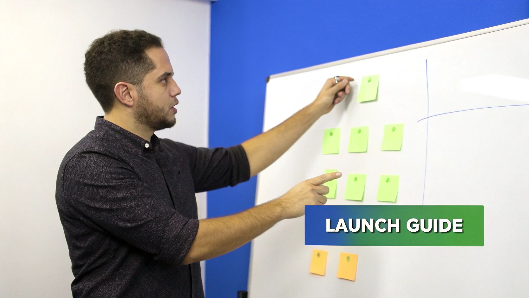A man in a dark shirt organizes green and orange sticky notes on a whiteboard during a project planning session.