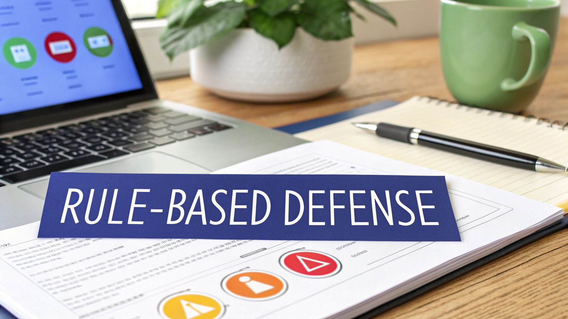 A blue sign reading 'RULE-BASED DEFENSE' sits on documents with charts on an office desk next to a laptop.