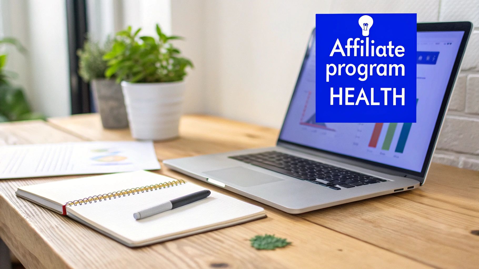 A bright workspace with a laptop displaying charts, a notepad, potted plants, and an 'Affiliate program HEALTH' overlay.