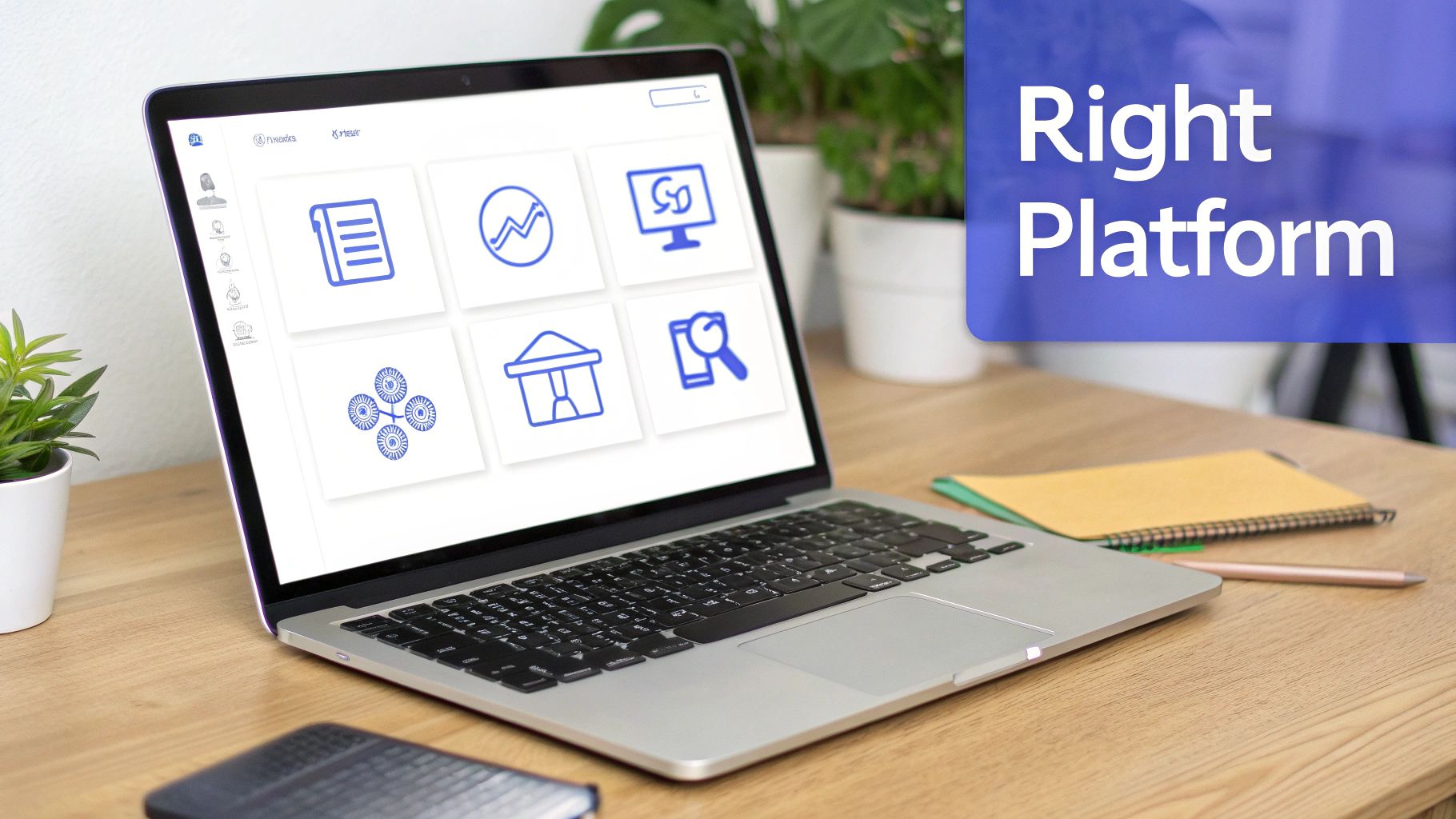 A laptop on a wooden desk displays a 'Right Platform' interface with various business icons.