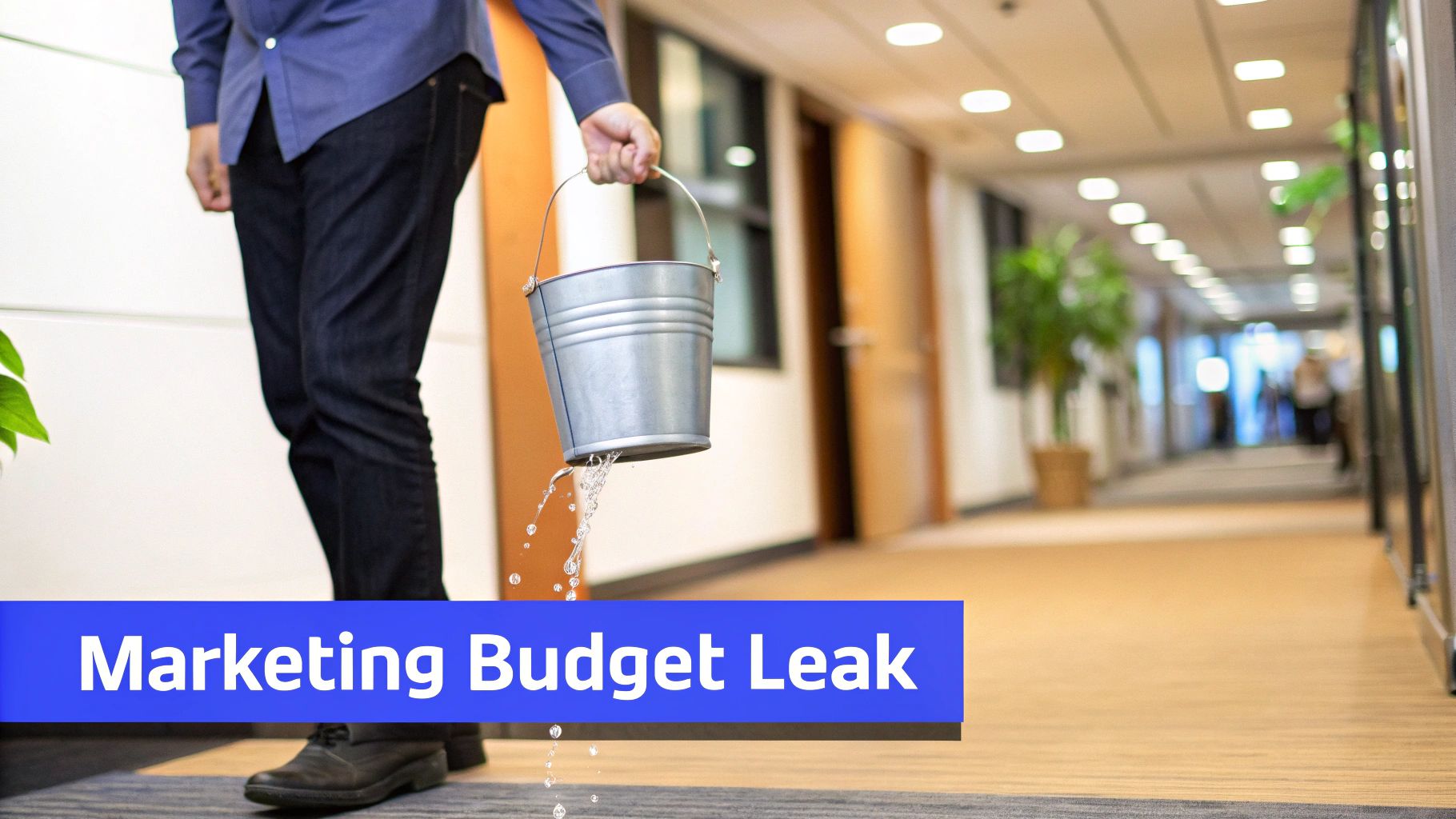 A person holds a leaky bucket with water spilling out, symbolizing a marketing budget leak.