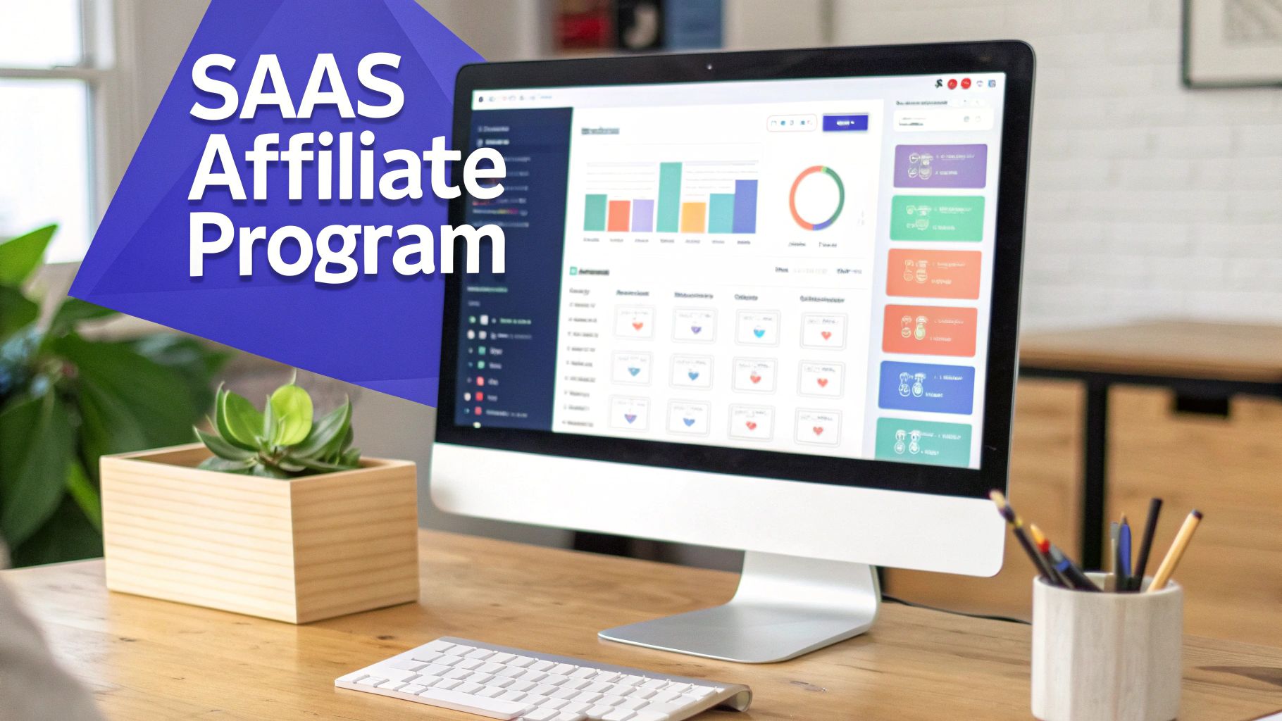 A desktop computer displays a SAAS affiliate program dashboard with charts, data, and colorful icons on a wooden desk.