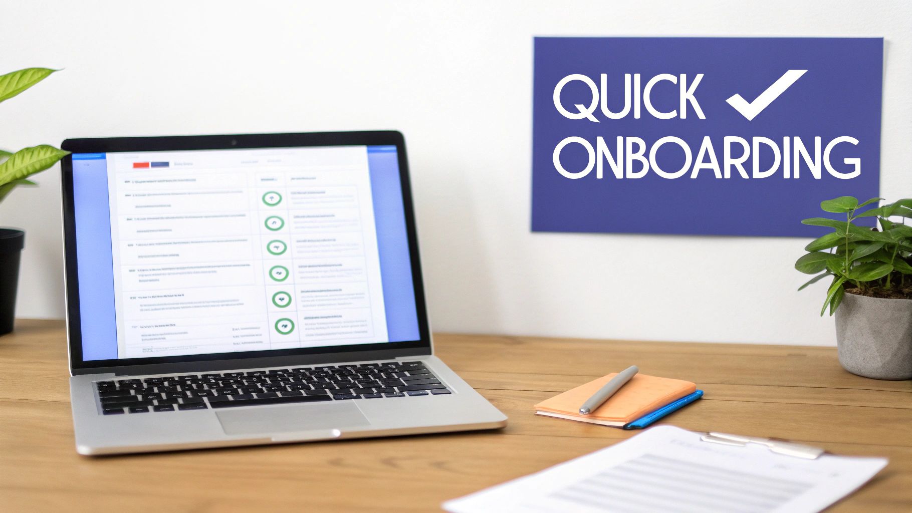A laptop on a desk displaying a progress checklist, next to a 'Quick Onboarding' sign.
