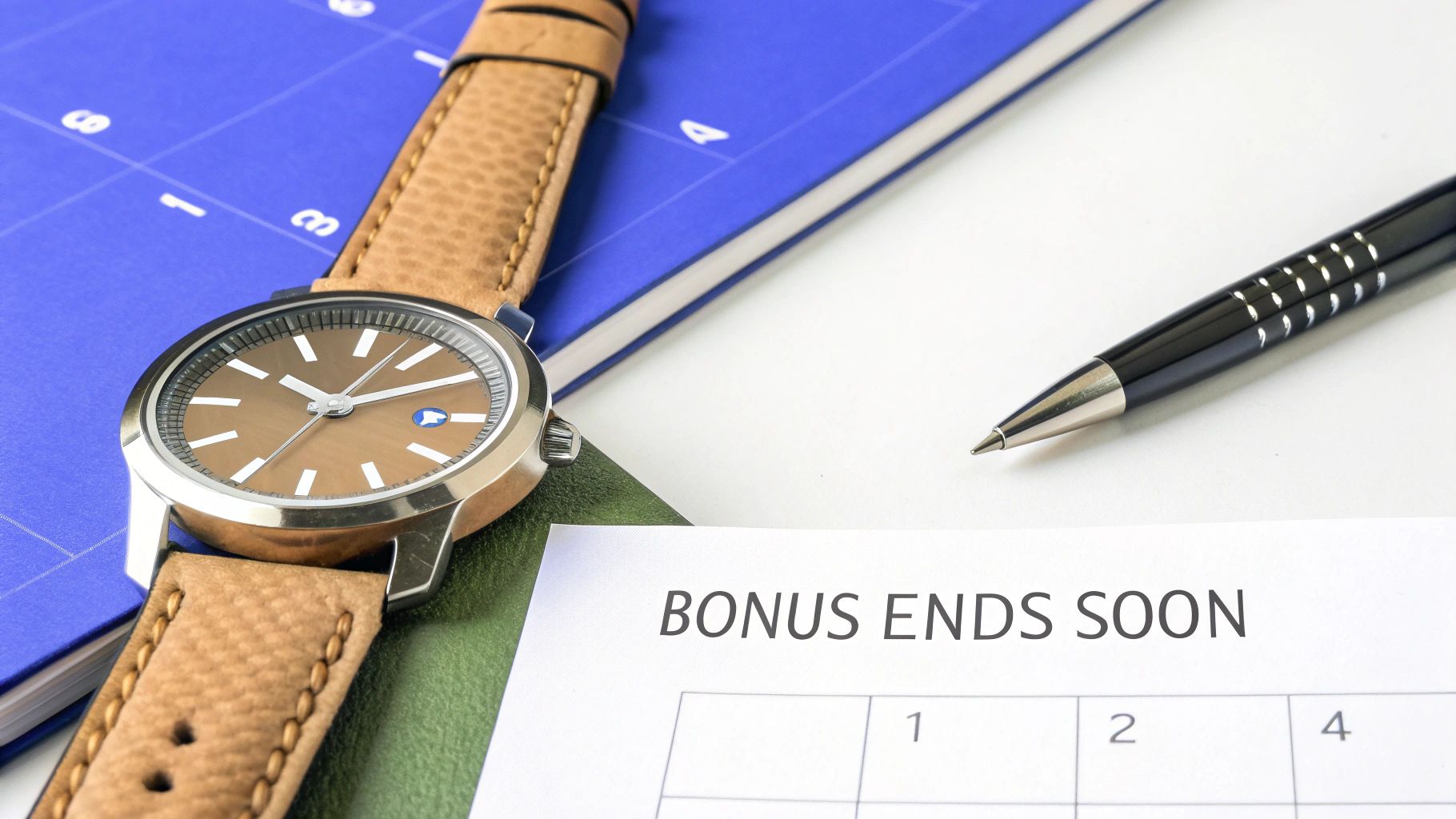 A close-up of a watch, pen, and a calendar page with a 'BONUS ENDS SOON' reminder.