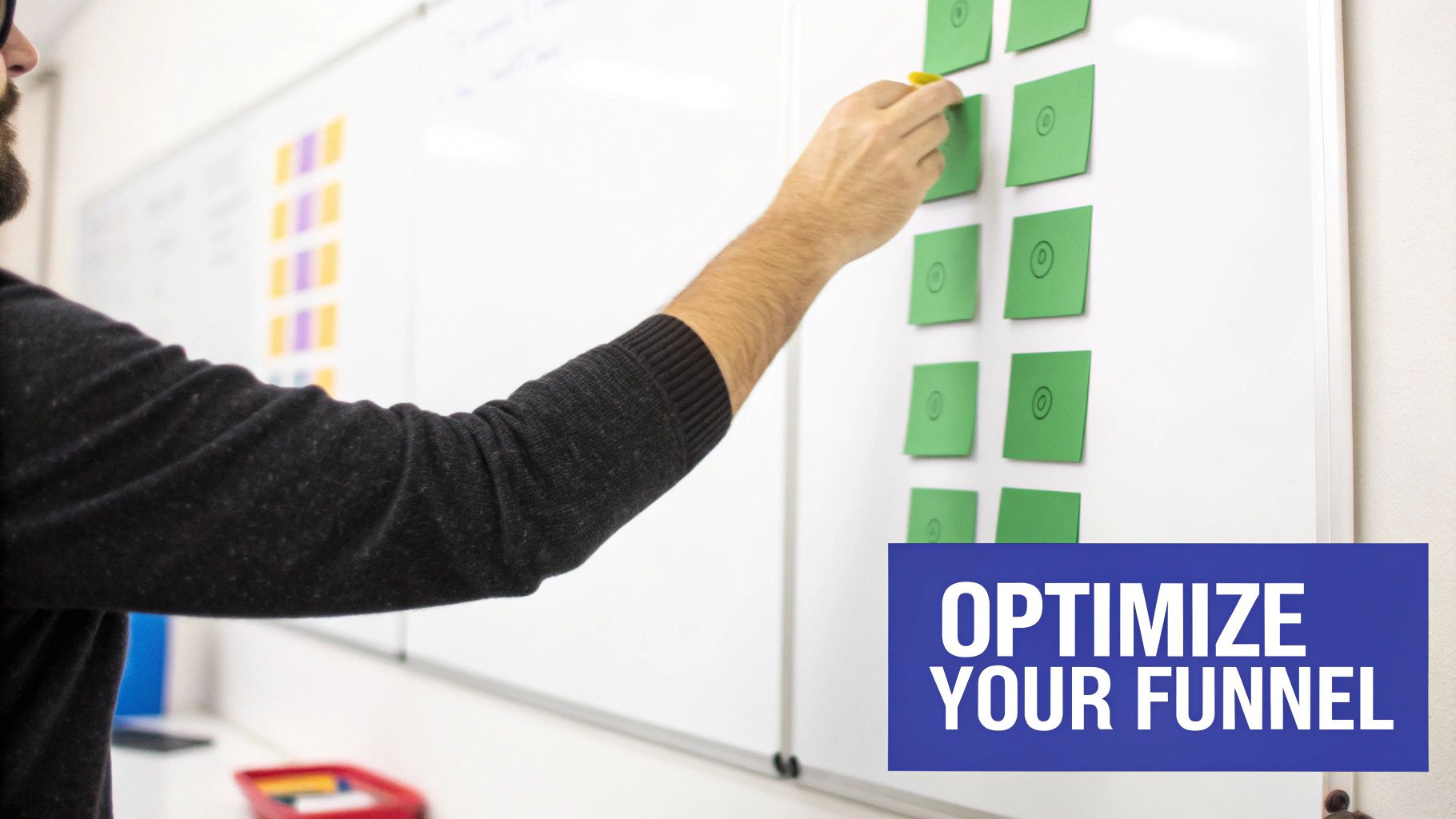 A person's hand places a yellow thumbtack on a green sticky note on a whiteboard, optimizing a funnel.