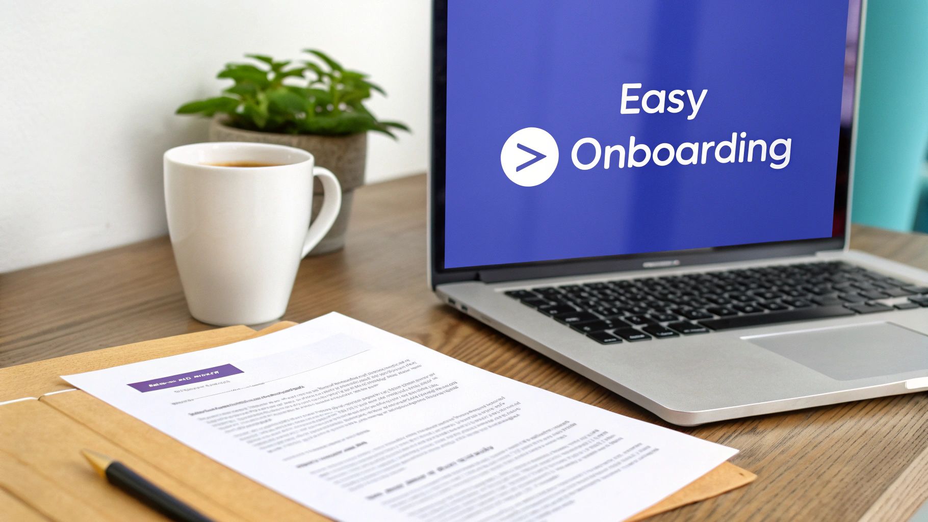 A laptop displaying 'Easy Onboarding' on a wooden desk with a coffee mug, plant, and documents.