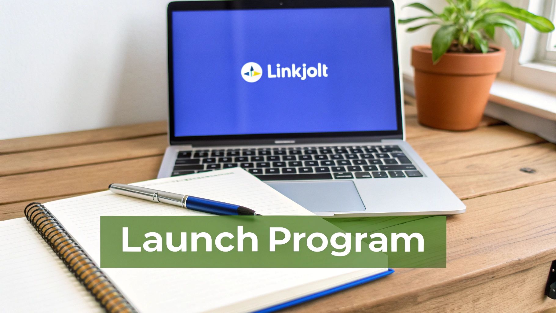 A laptop displaying the Linkjolt logo, a notebook, and a pen on a wooden desk.