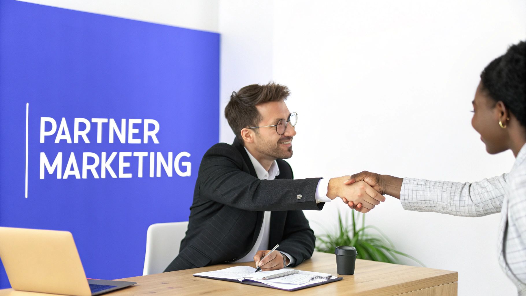 Two professionals collaborating on a project with a laptop and sticky notes.