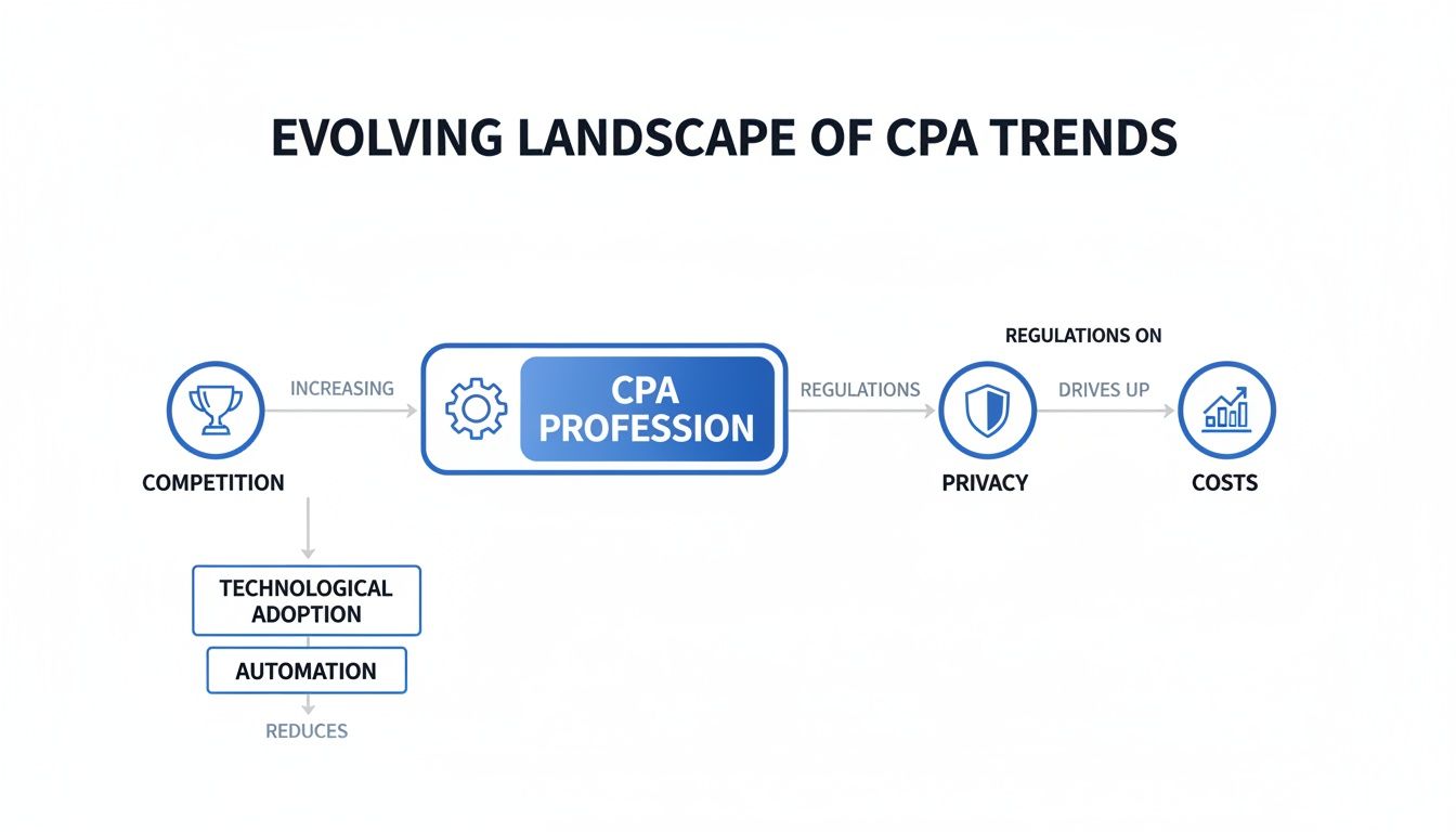 Flowchart illustrating evolving CPA trends influenced by competition, technology, privacy regulations, and costs.