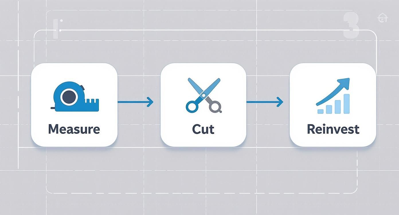 Process diagram illustrating three steps: measure with tape, cut with scissors, reinvest with growth chart.