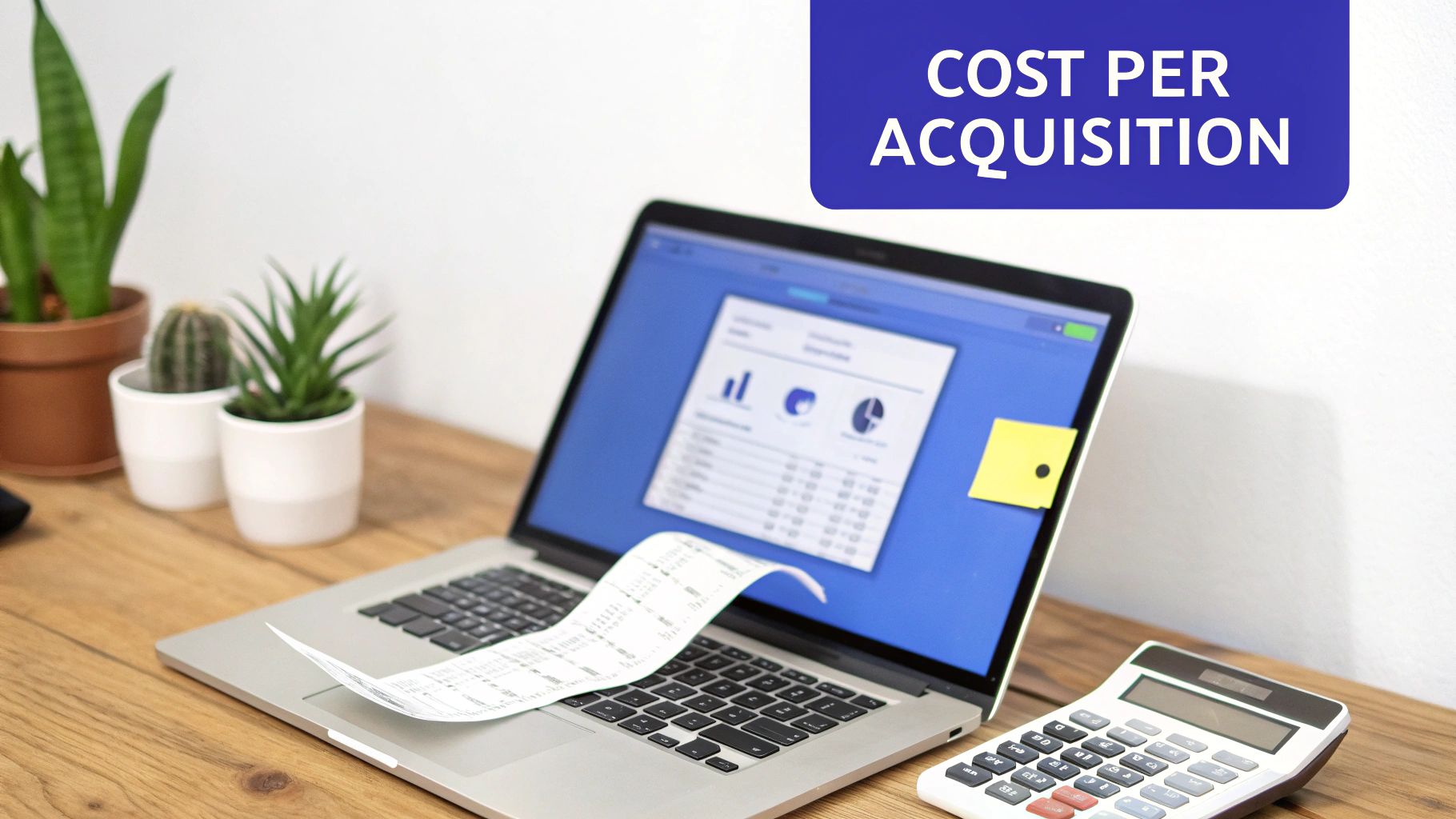 A laptop displays financial data with charts and tables, a receipt, and a calculator on a wooden desk. Text: COST PER ACQUISITION.