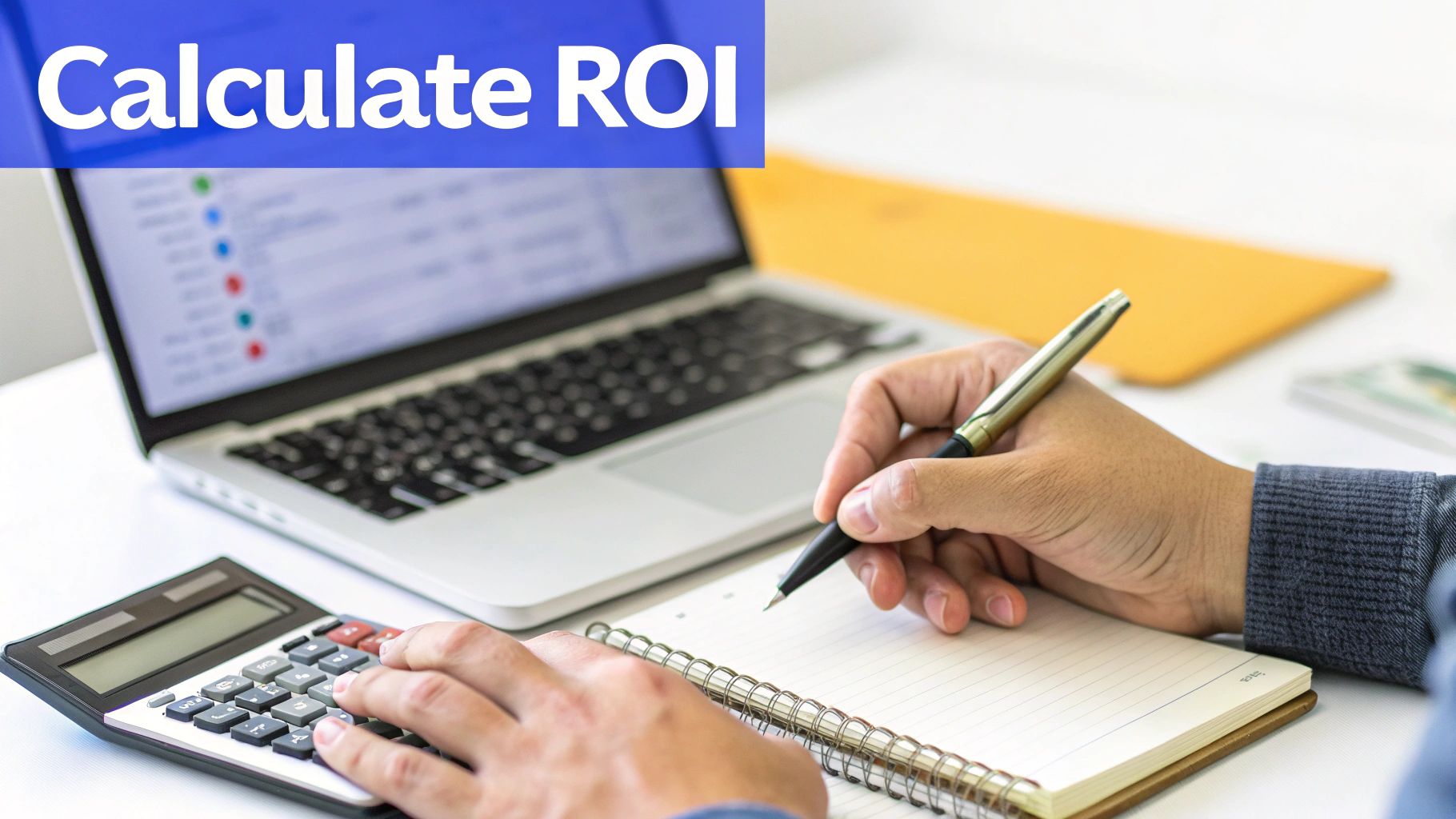 Person calculating ROI using a calculator, writing in a notebook, with a laptop in a workspace.