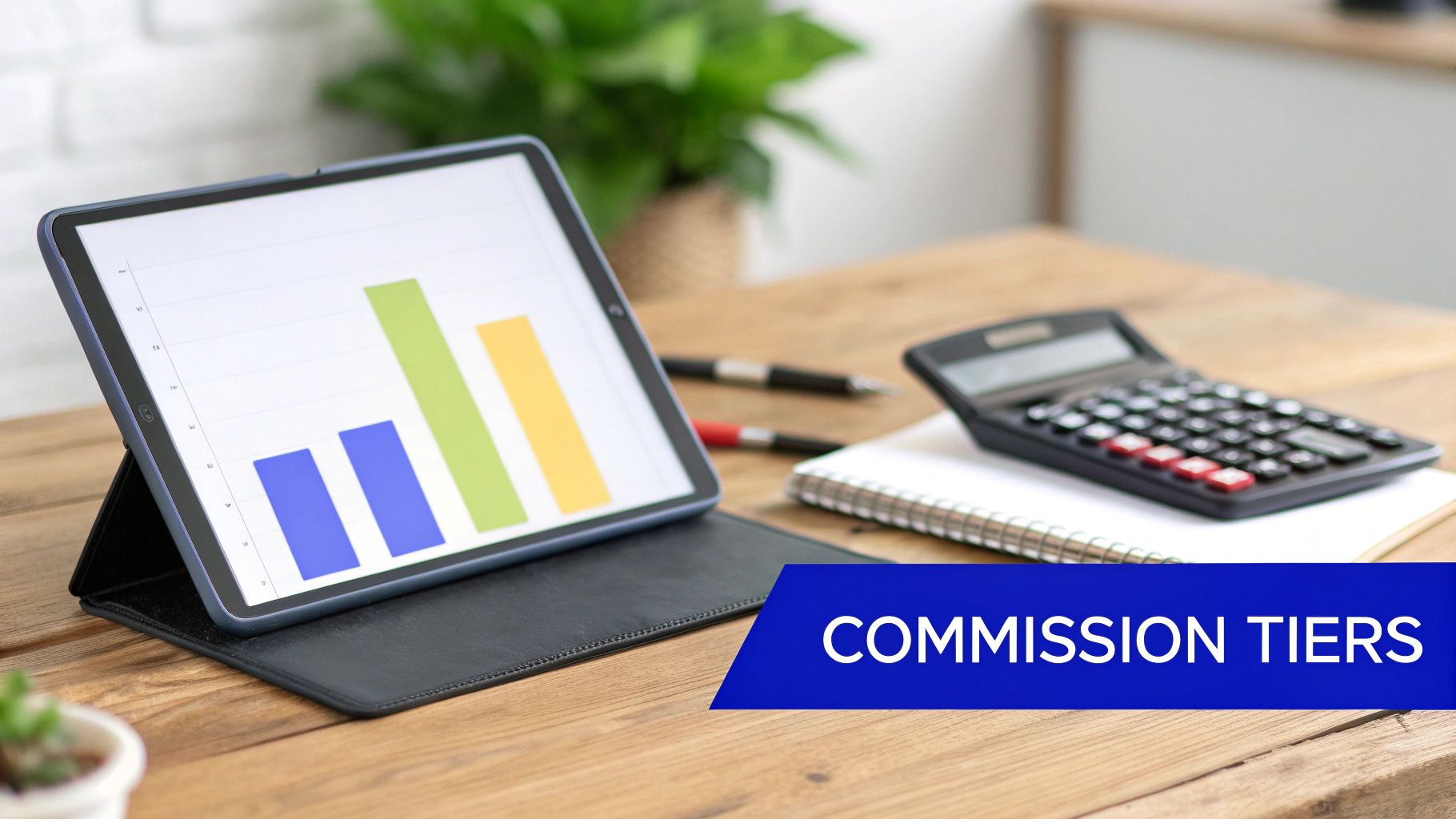 A tablet displays a bar chart, a calculator, and pens on a wooden desk with 'COMMISSION TIERS' text.