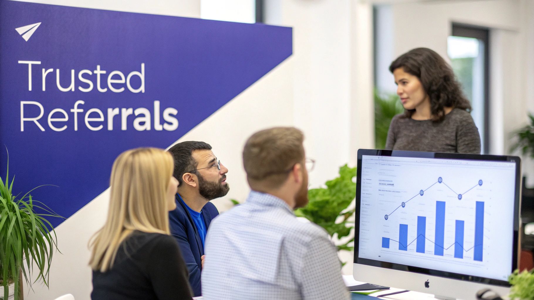 Professionals in an office looking at a computer screen displaying analytics, next to a 'Trusted Referrals' sign.