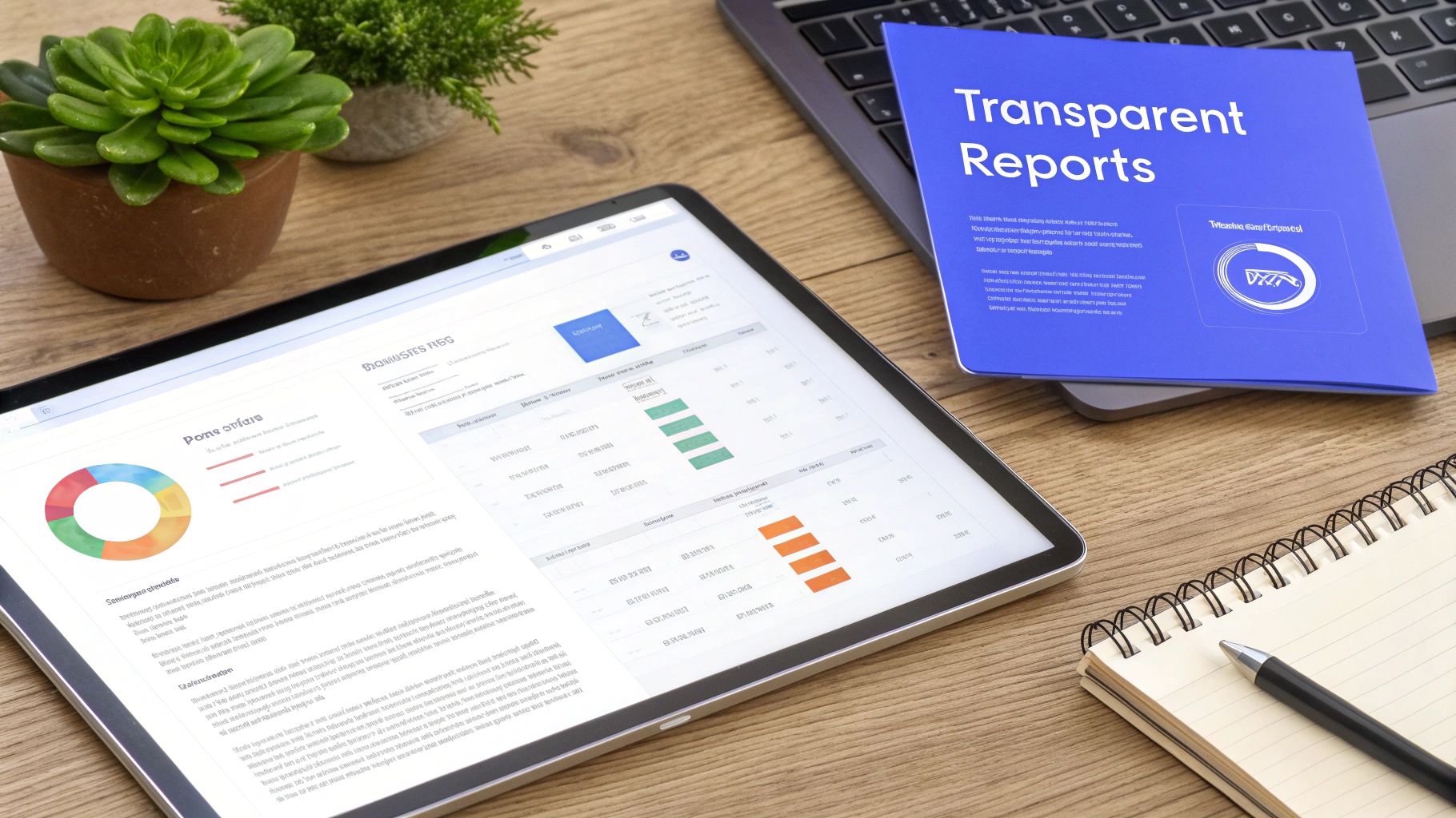 Business dashboard with transparent reports document, charts, and data analytics on digital tablet and laptop