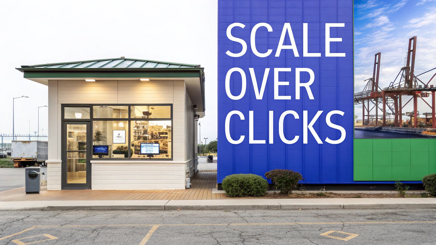 Modern building with large windows beside a bold 'SCALE OVER CLICKS' sign and industrial port cranes.
