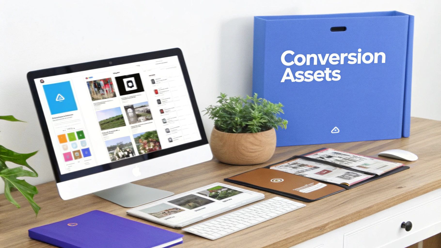 High-quality product images and social media templates being arranged for an affiliate program.