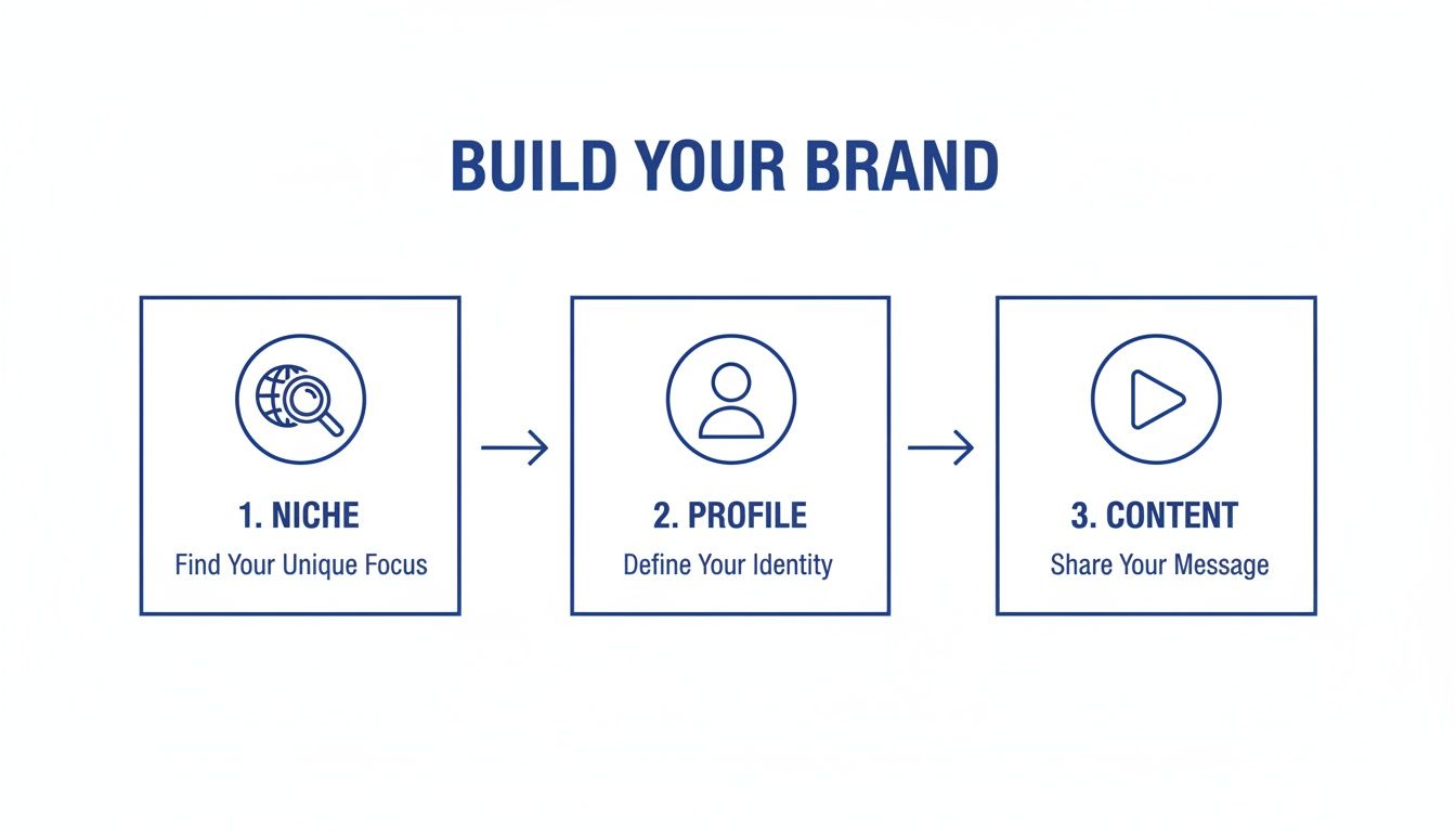 A three-step infographic on building your brand: Niche, Profile, and Content creation.