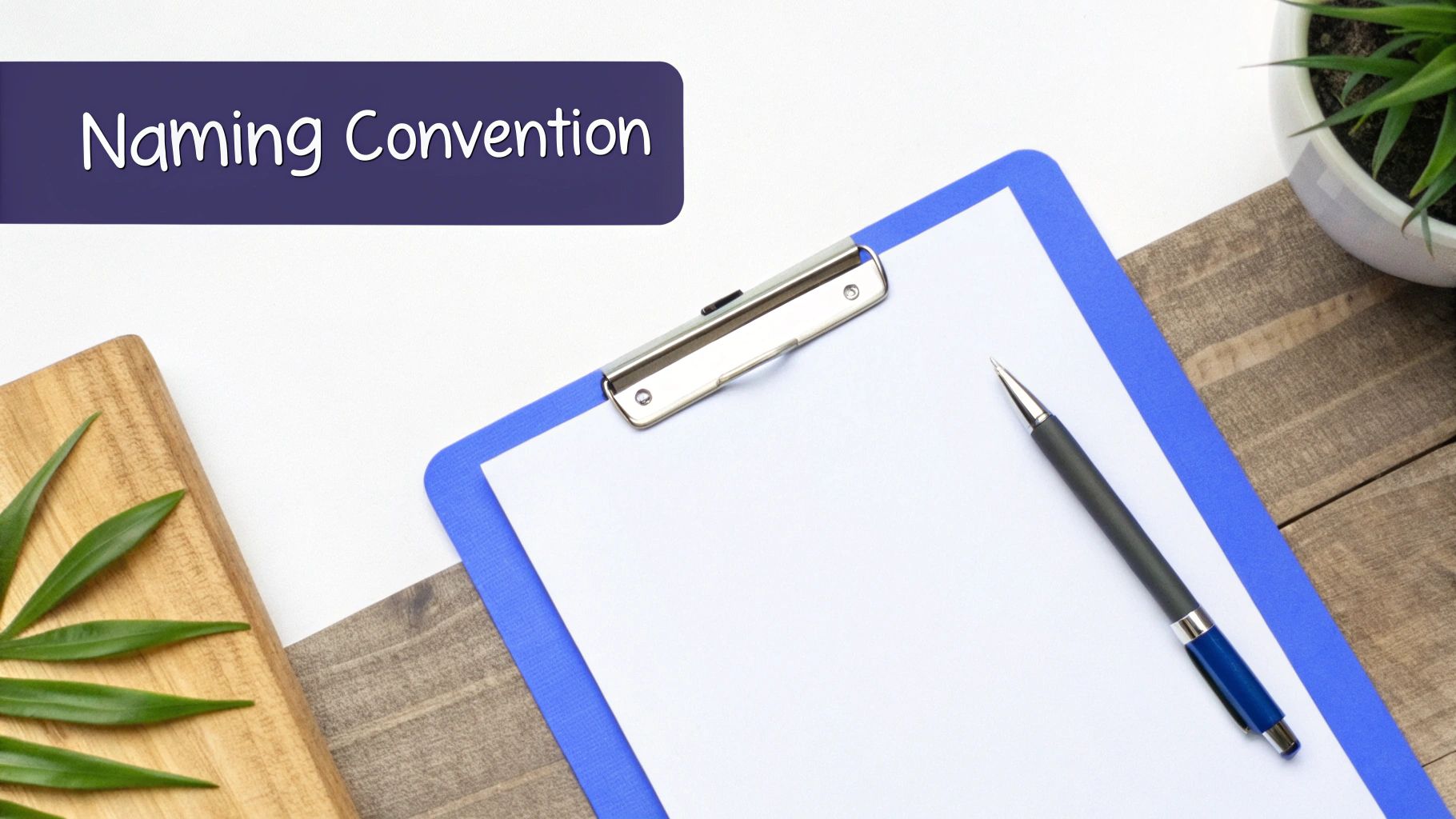A desk with a blue clipboard, blank paper, pen, and 'Naming Convention' text on a purple banner.