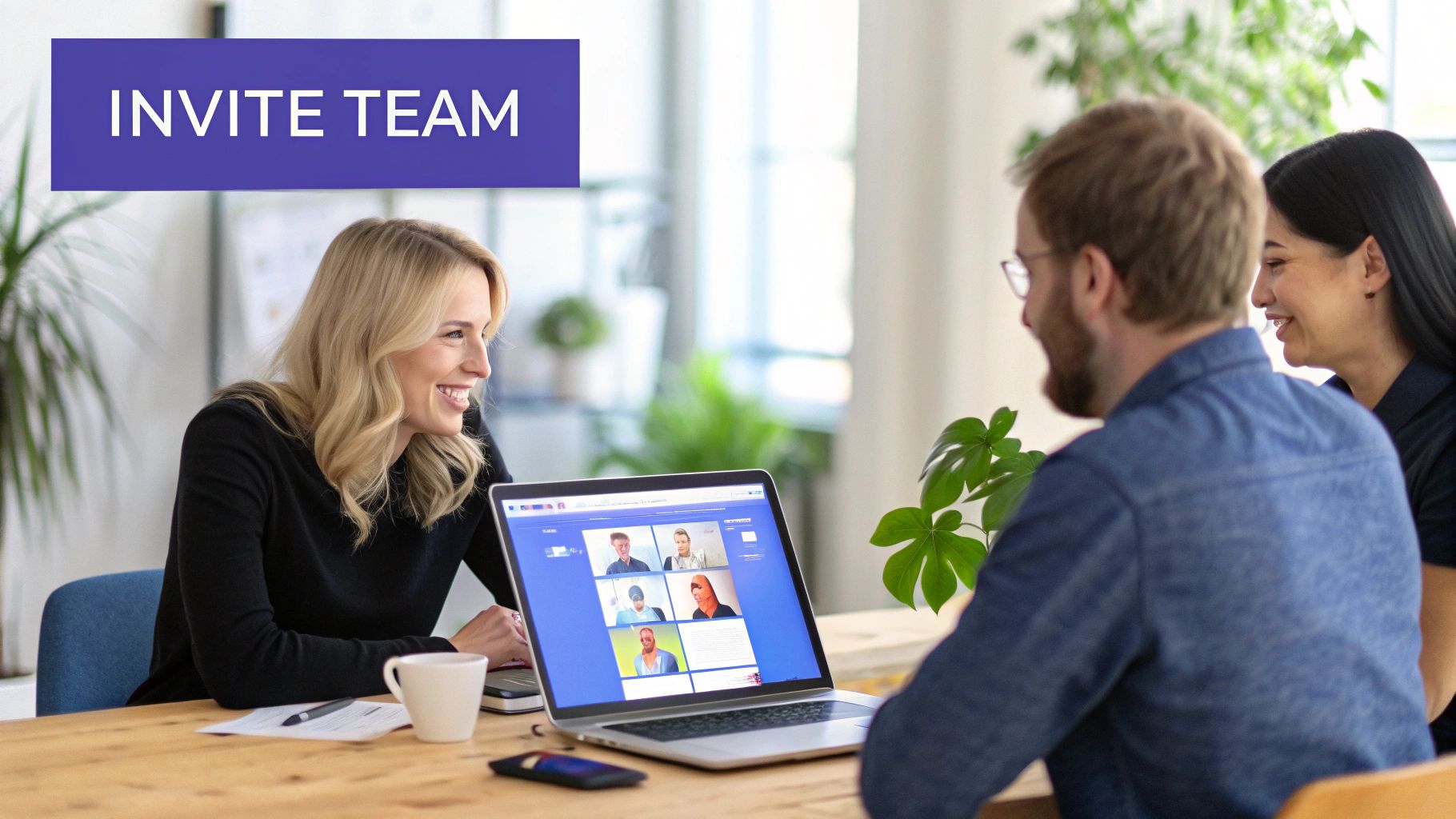 Three smiling people collaborating around a laptop displaying a video conference with team members.