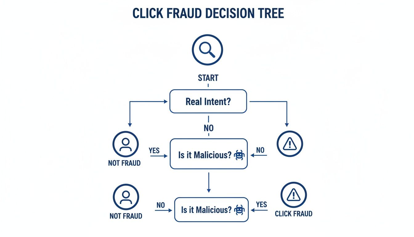 A decision tree diagram illustrating the process to identify and prevent click fraud.