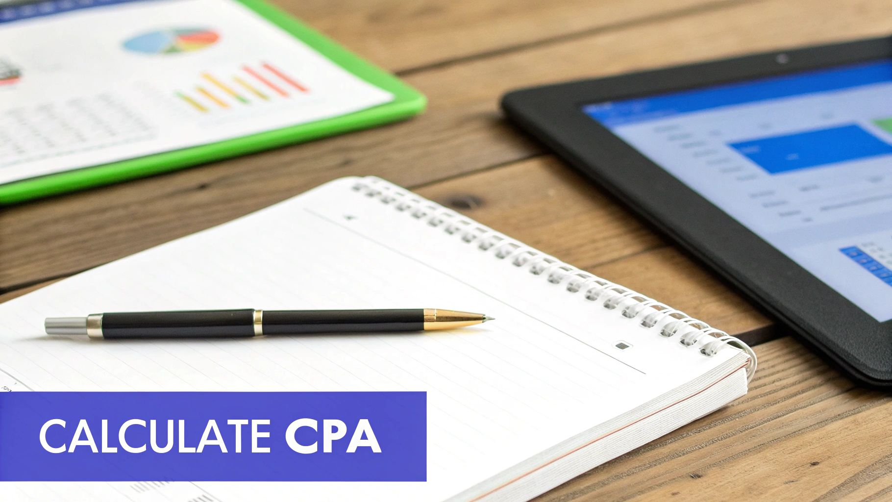 A desk with a notebook, pen, financial charts, and a tablet, featuring 'CALCULATE CPA' text.