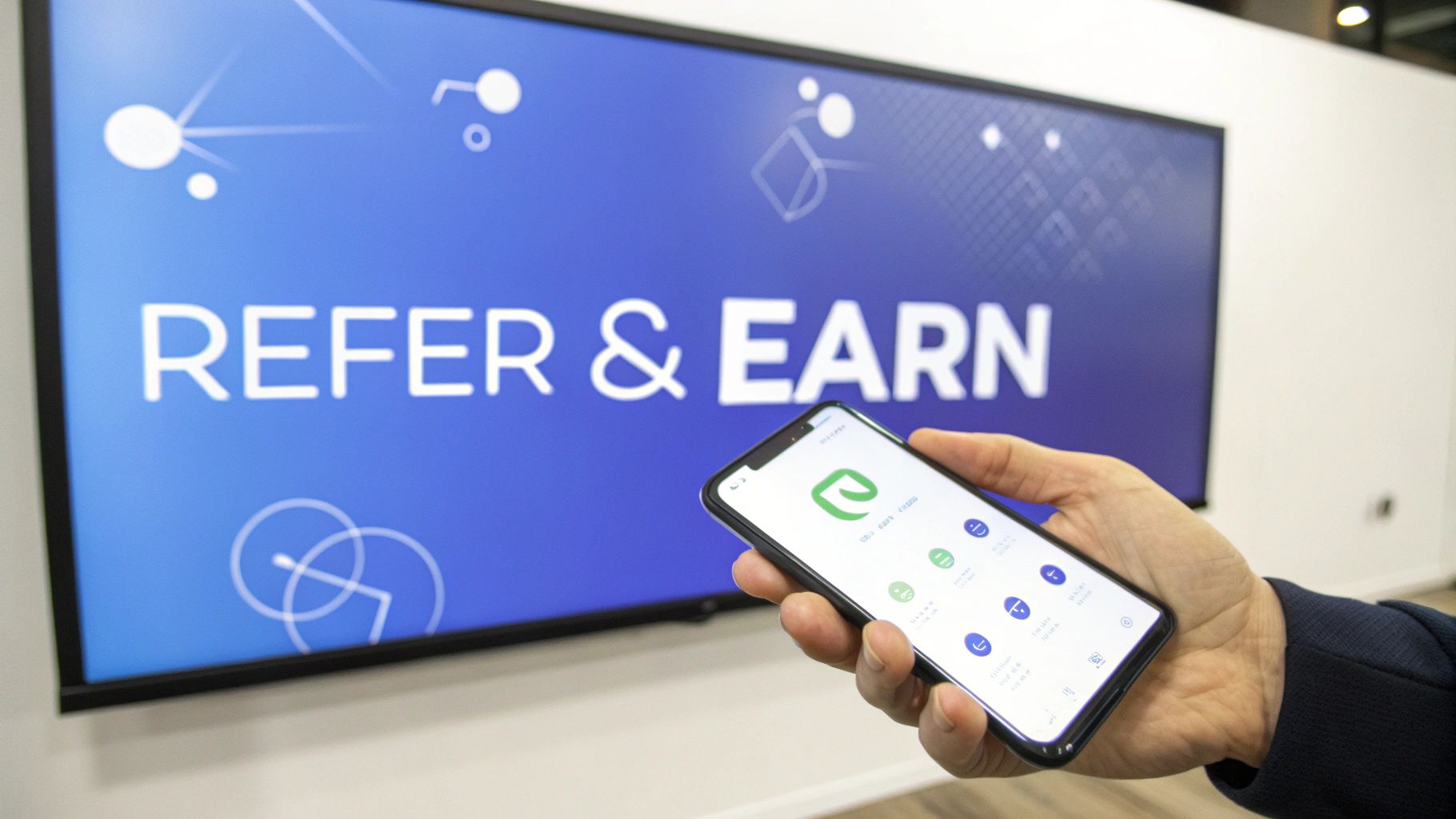 Hand holding smartphone with app, digital screen in background displays 'REFER & EARN' for a program.