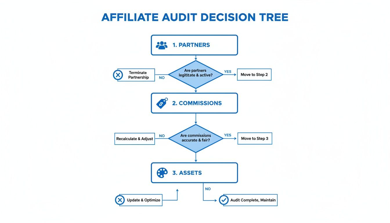 Flowchart illustrating an affiliate audit decision tree, covering partners, commissions, and assets with conditional steps.
