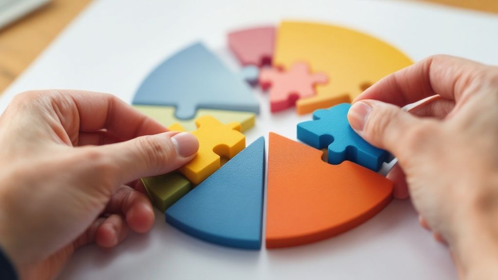 A person's hands organizing marketing assets like logos, images, and documents on a digital tablet.