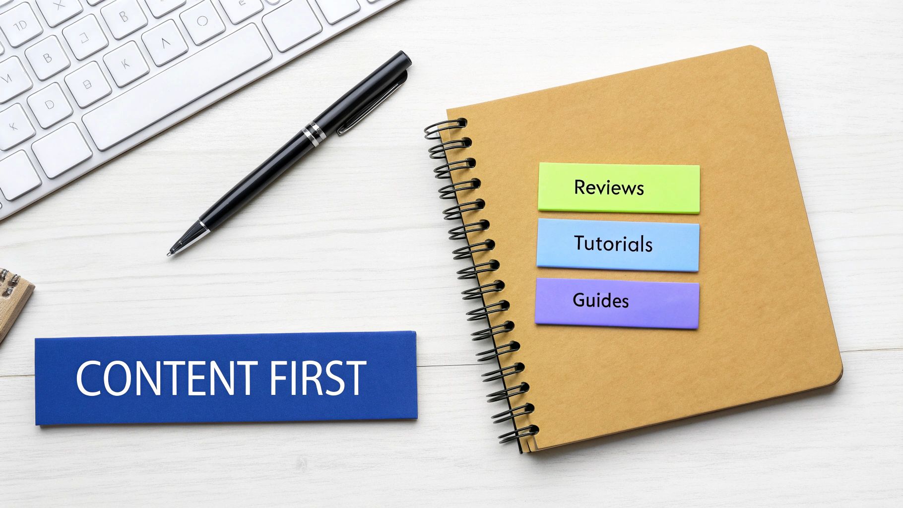 Flat lay of desk with content strategy elements: keyboard, pen, 'CONTENT FIRST', and content type tabs.