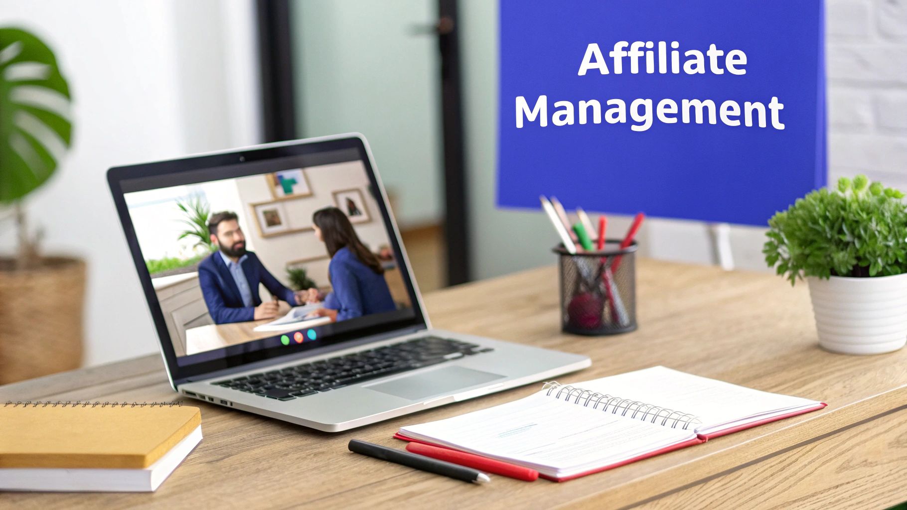 A group of professionals collaborating around a table, representing the concept of affiliate management