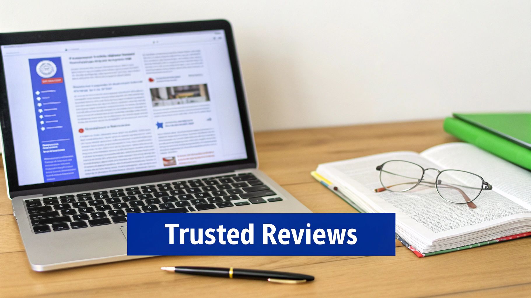 A laptop displaying a website, an open book with glasses, and a pen on a desk, with a 'Trusted Reviews' banner.